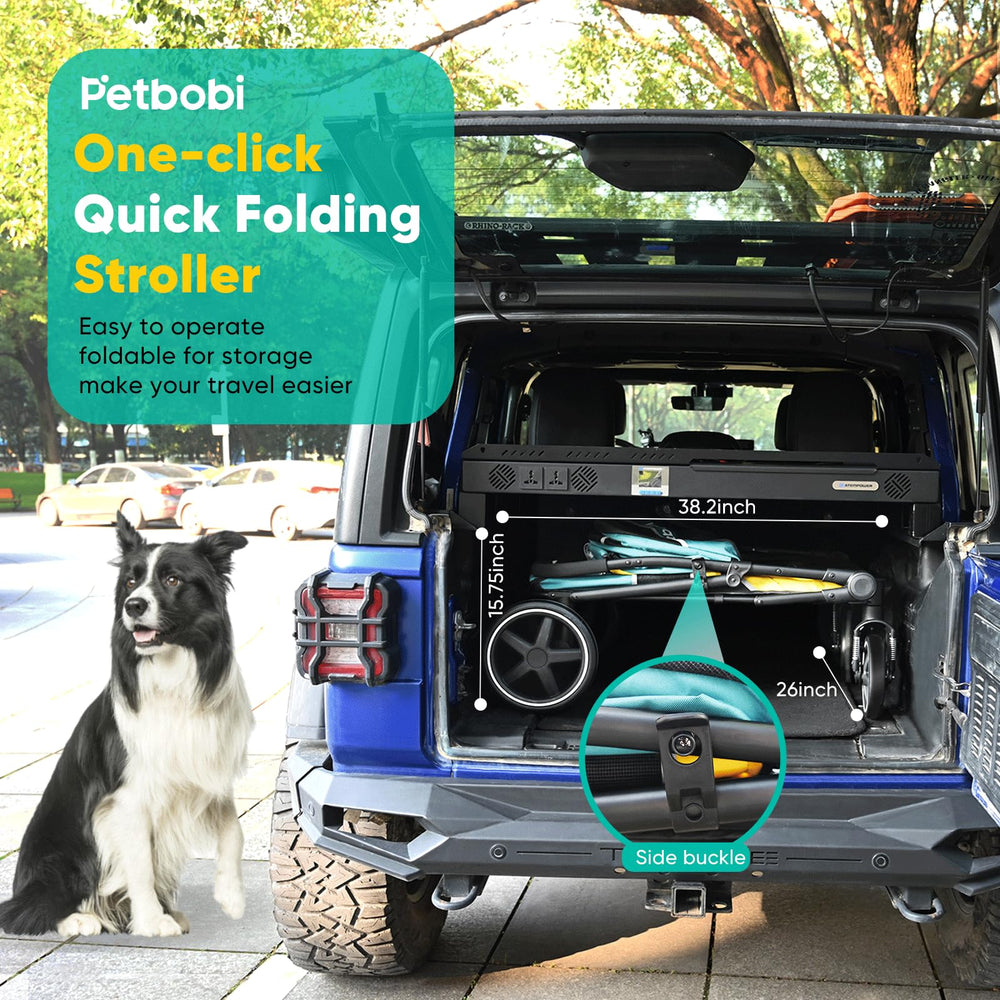 Petbobi dog stroller cabin measures 34x20x25 inches for comfortable seating.