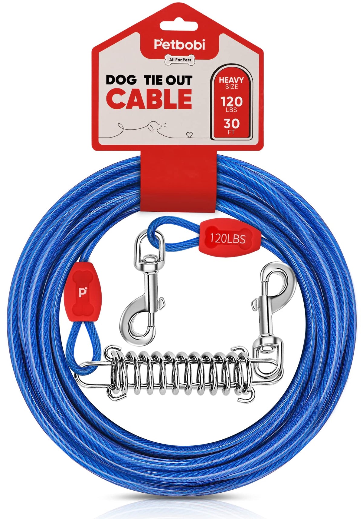 Petbobi dog tie-out cable 30ft blue with shock spring for controlled outdoor roaming