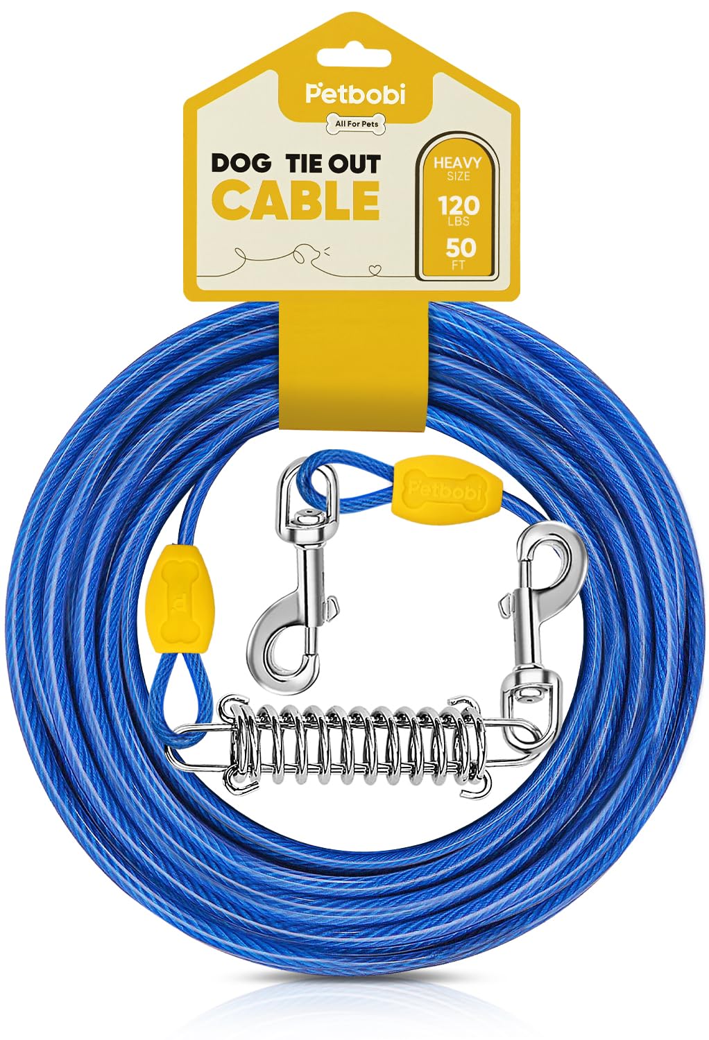 Petbobi dog tie-out cable 50ft with shock-absorbing spring for safer outdoor roaming.