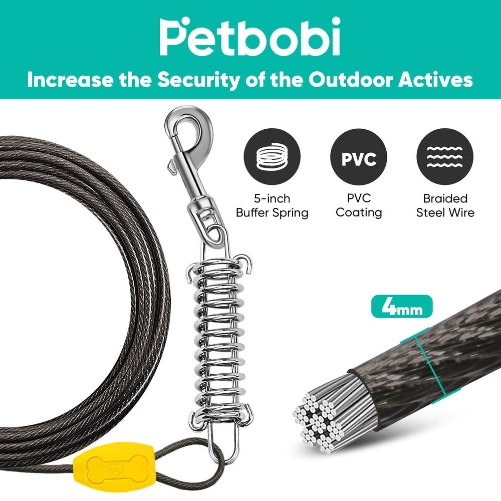 Petbobi dog tie-out spring 5in absorbs shock for gentler pulls.