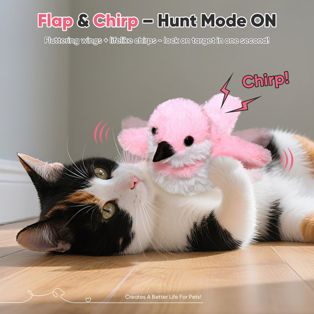 Petbobi Flappy Bird Cat Toy chirping sounds encourage engagement and daytime exercise.
