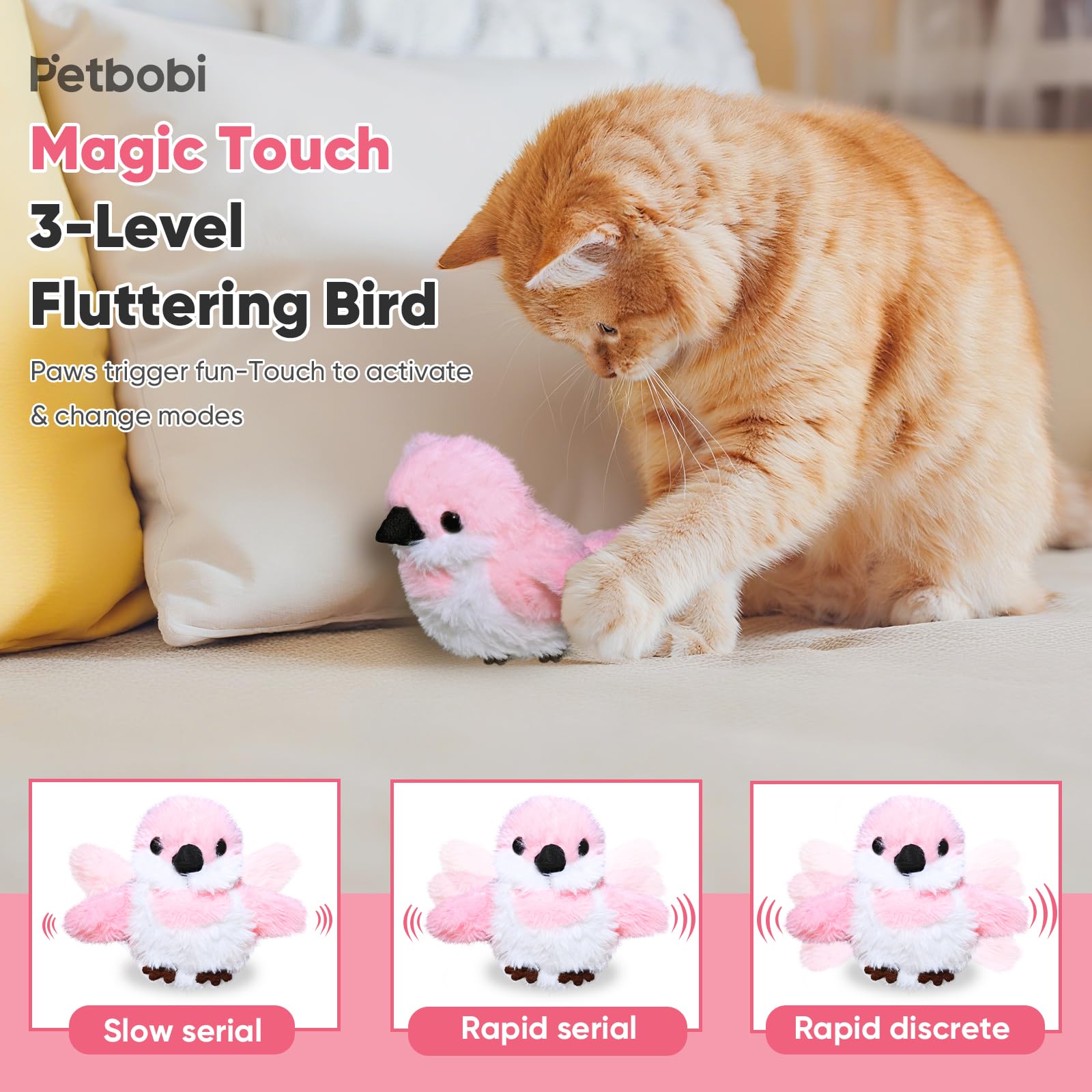 Petbobi Flappy Bird Cat Toy rechargeable battery for cordless, ready-to-play sessions.