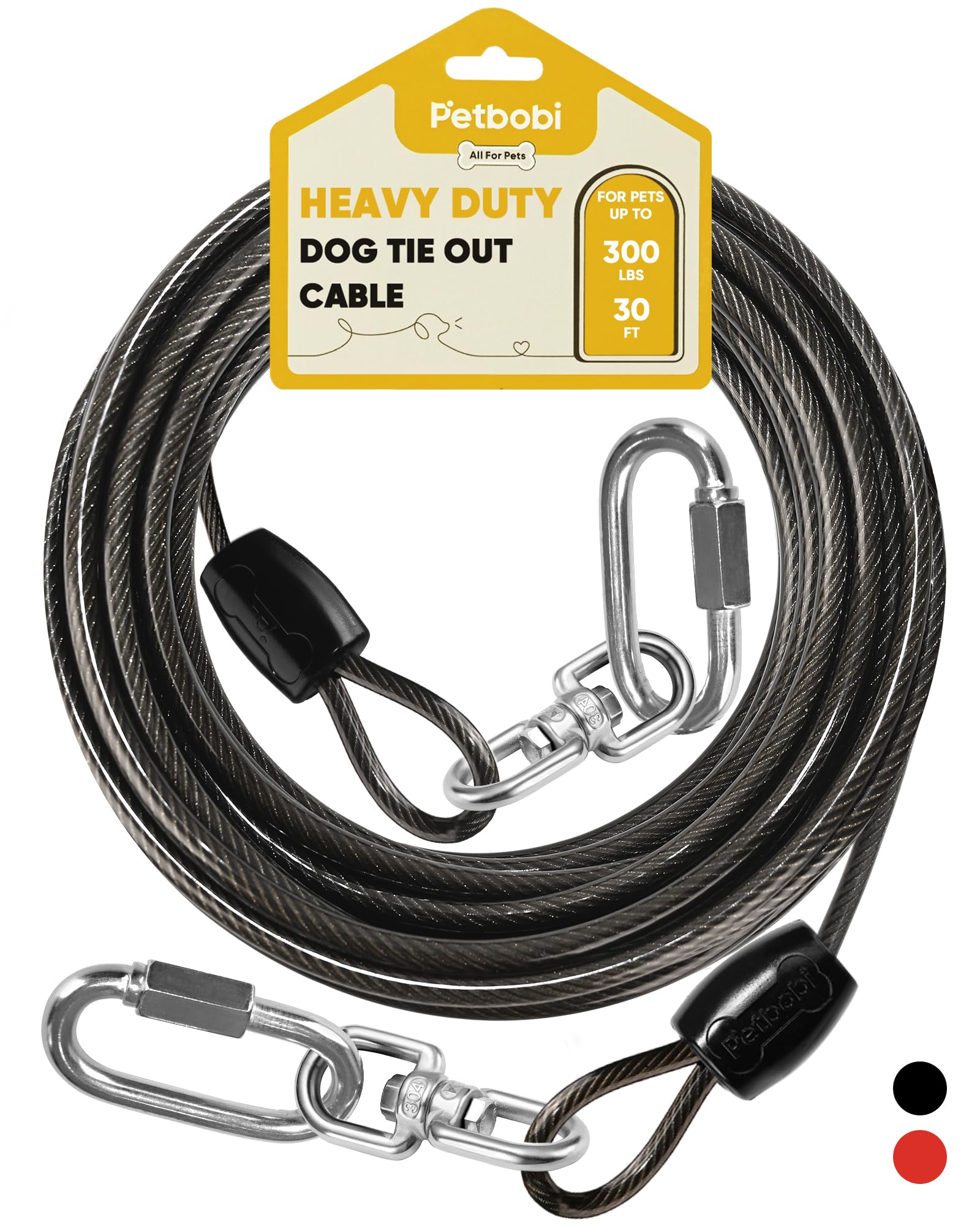 Petbobi heavy-duty-dog-tie-out-cable-30ft in yard for secure outdoor containment.