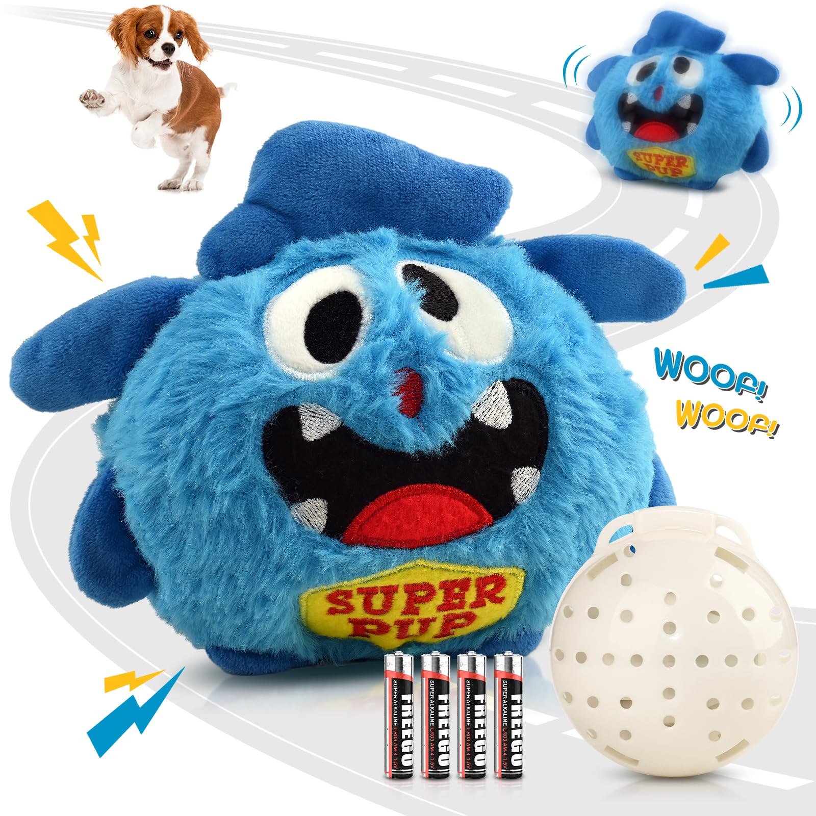 Petbobi interactive dog toy in blue demonstrates barking action to boost playtime.