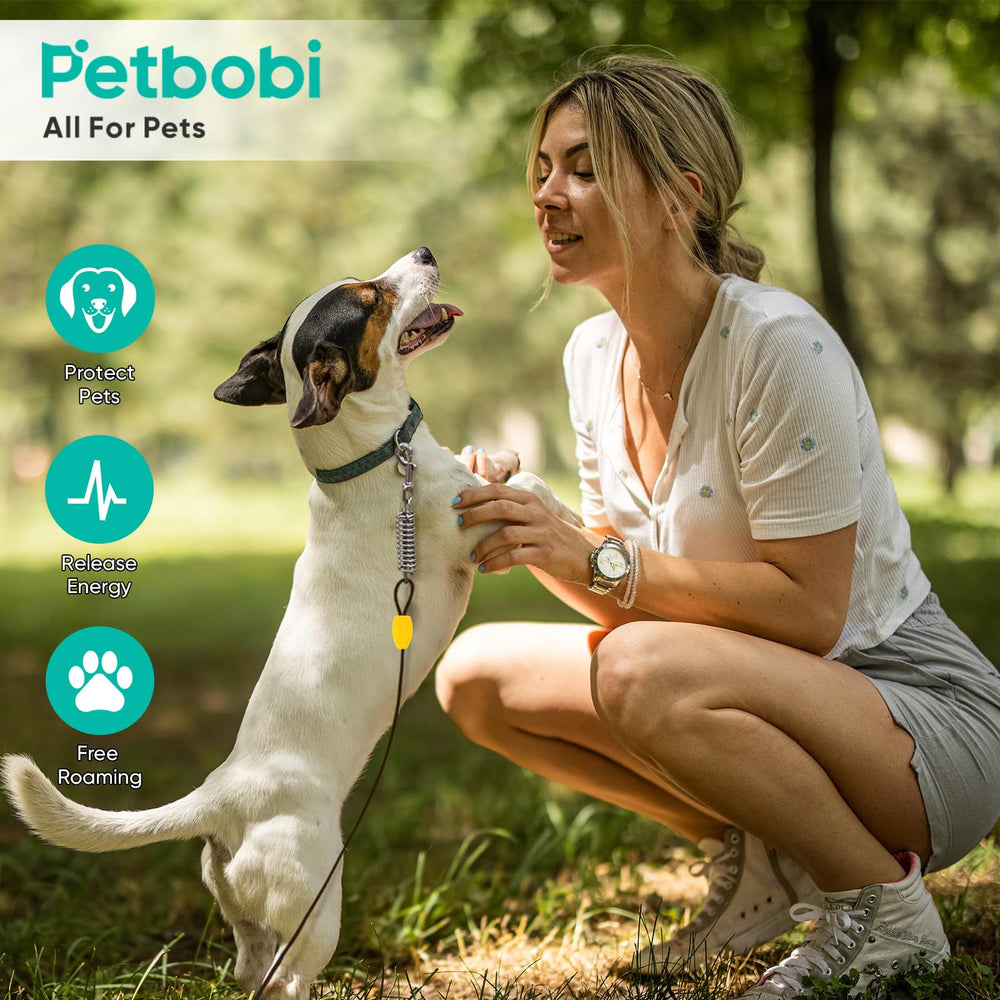 Petbobi outdoor tie-out supports dogs up to 120 lbs in yards, camps, or beaches.