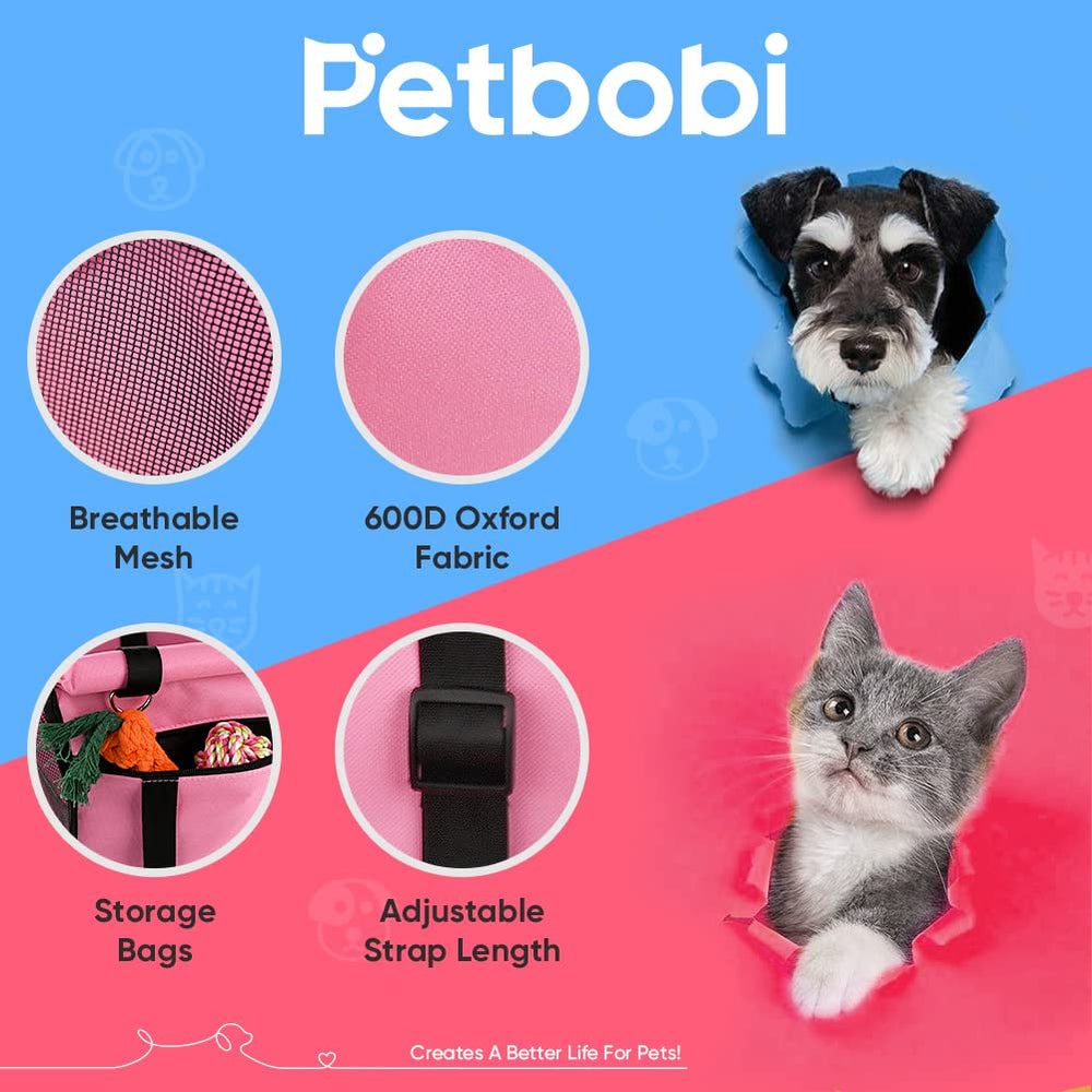 Petbobi pink booster seat in car with clip-on leash supports small pets during travels