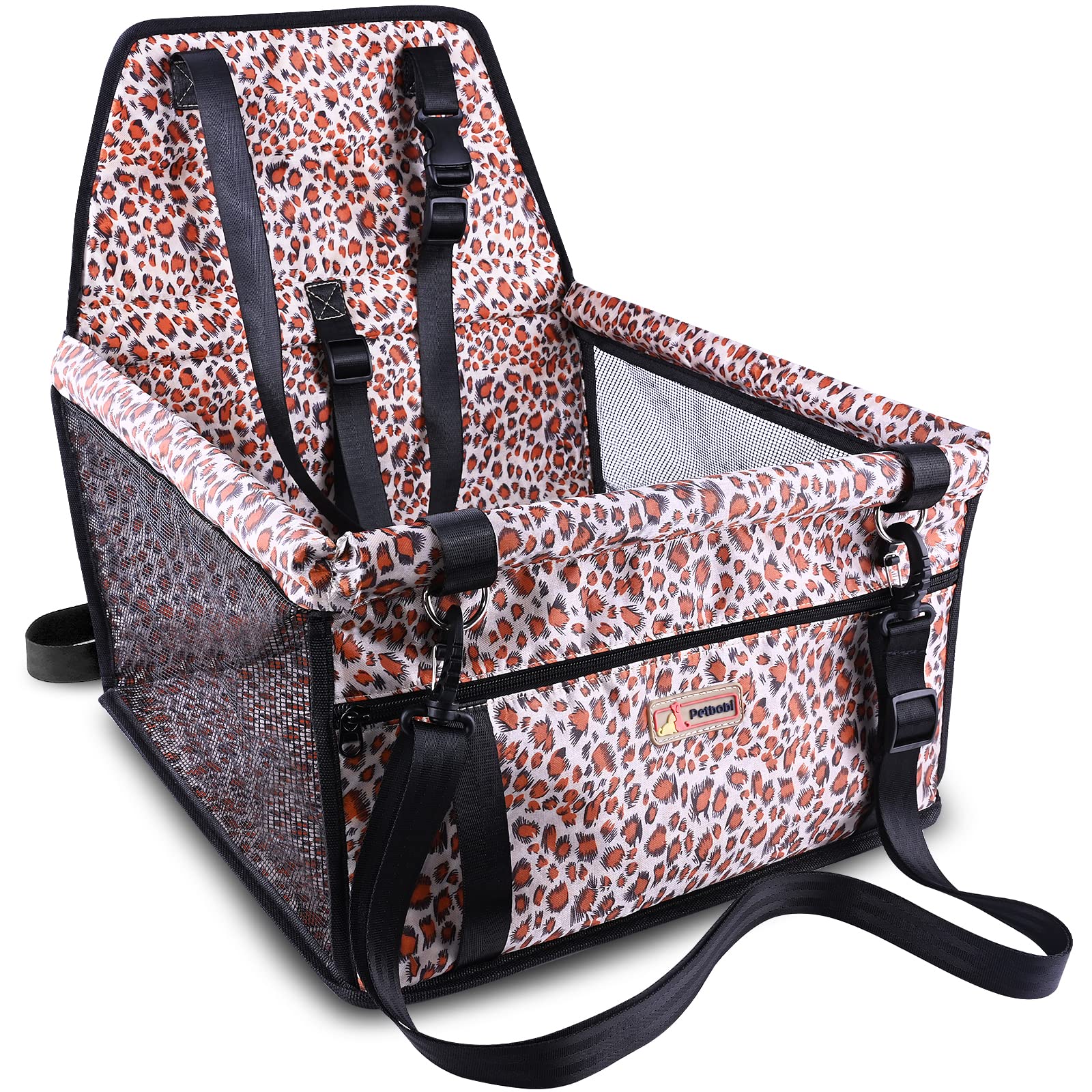 Petbobi small dog car seat overview showing leopard print and compact fit for travel