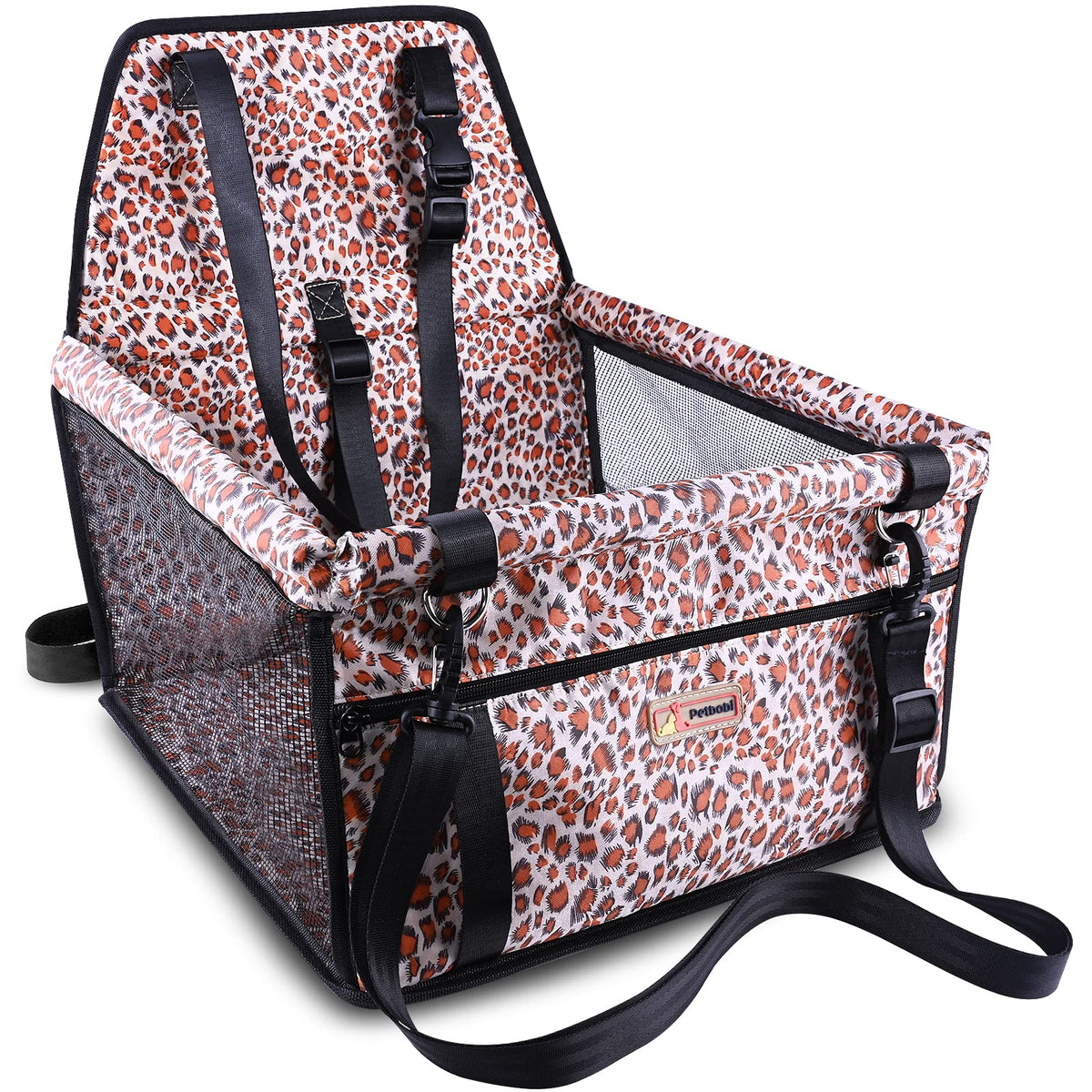 Petbobi small dog car seat overview showing leopard print and compact fit for travel