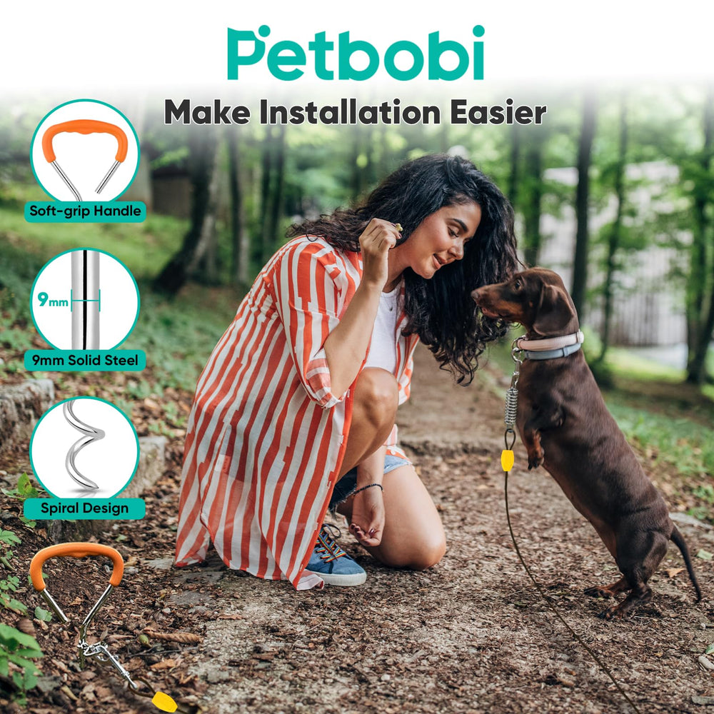 Petbobi tie-out rotating clips prevent tangling during outdoor use.