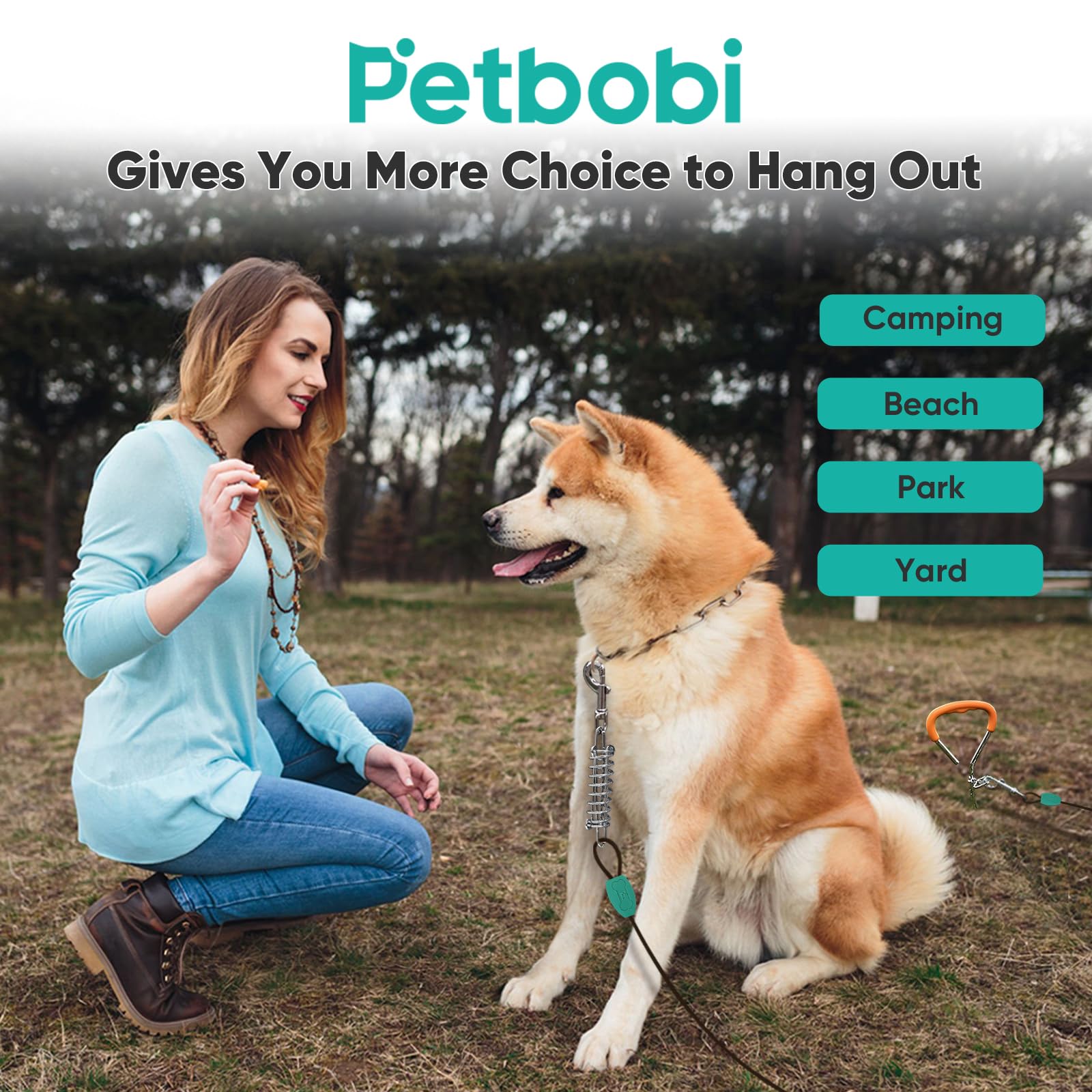 Petbobi tie-out weatherproof coating resists rust in wet outdoor conditions.