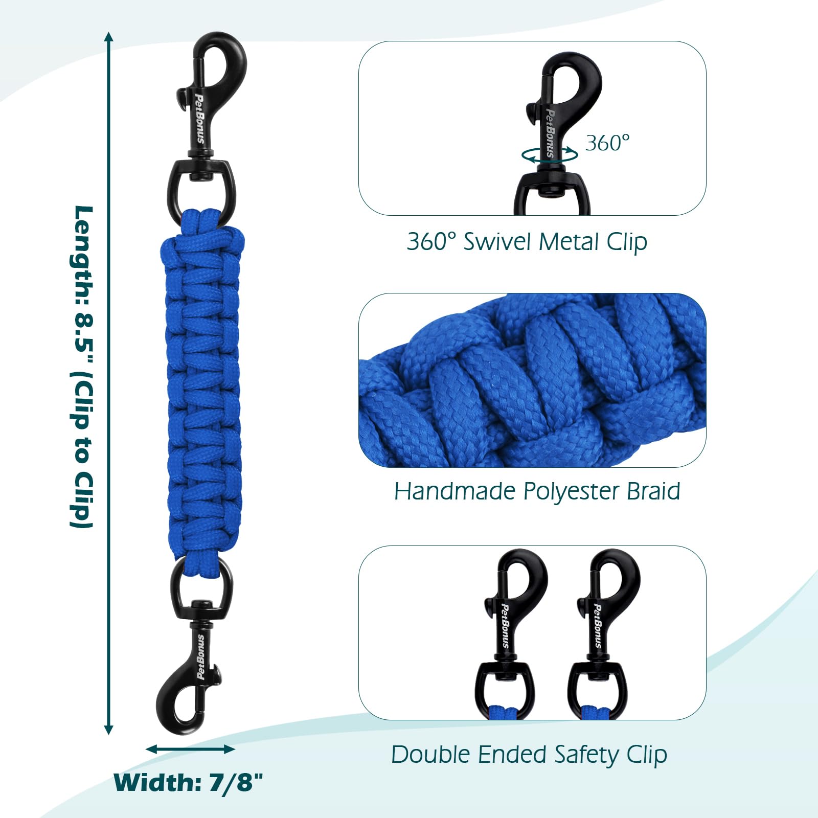 PetBonus blue safety clip side view highlights 360° rotating clasp