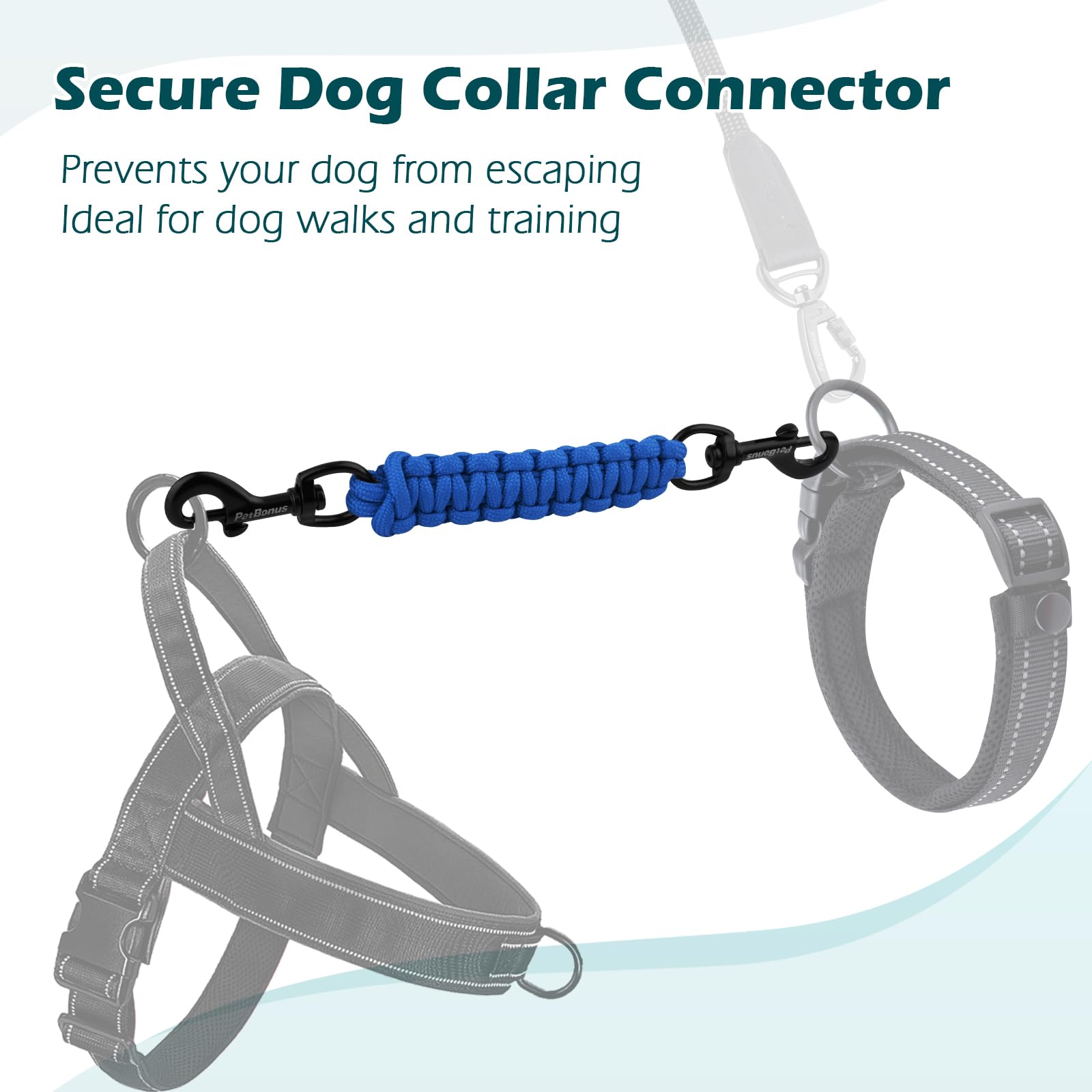 PetBonus blue safety clip demonstrates compatibility with harnesses and various collars