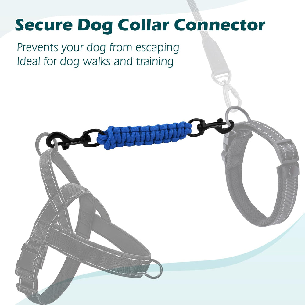 PetBonus blue safety clip demonstrates compatibility with harnesses and various collars