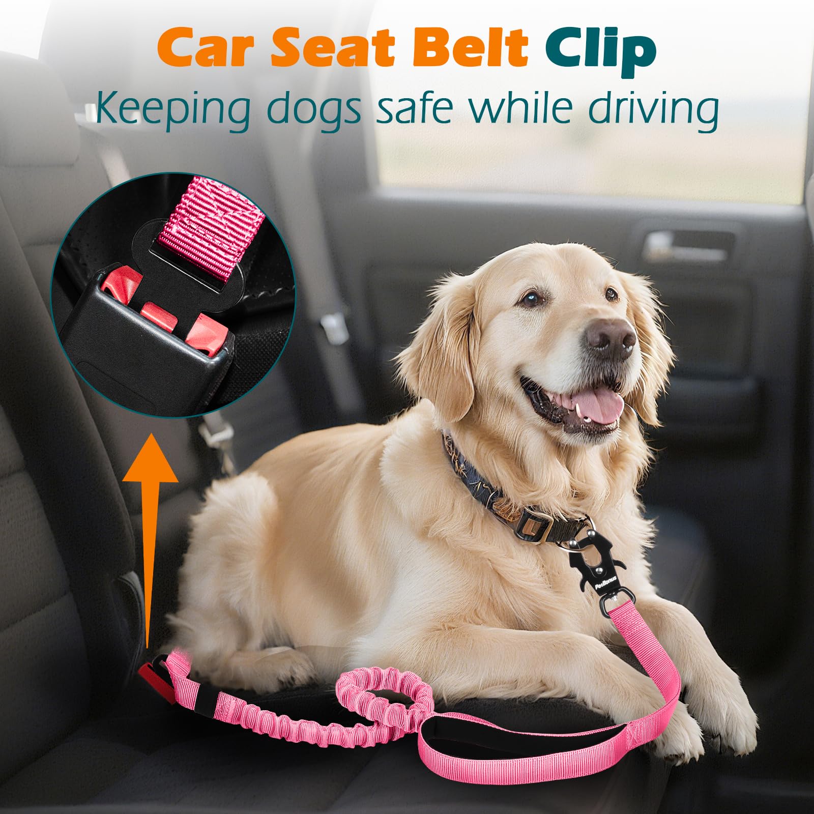 PetBonus heavy-duty tactical dog leash car-seatbelt attachment keeps dogs secure during car rides.