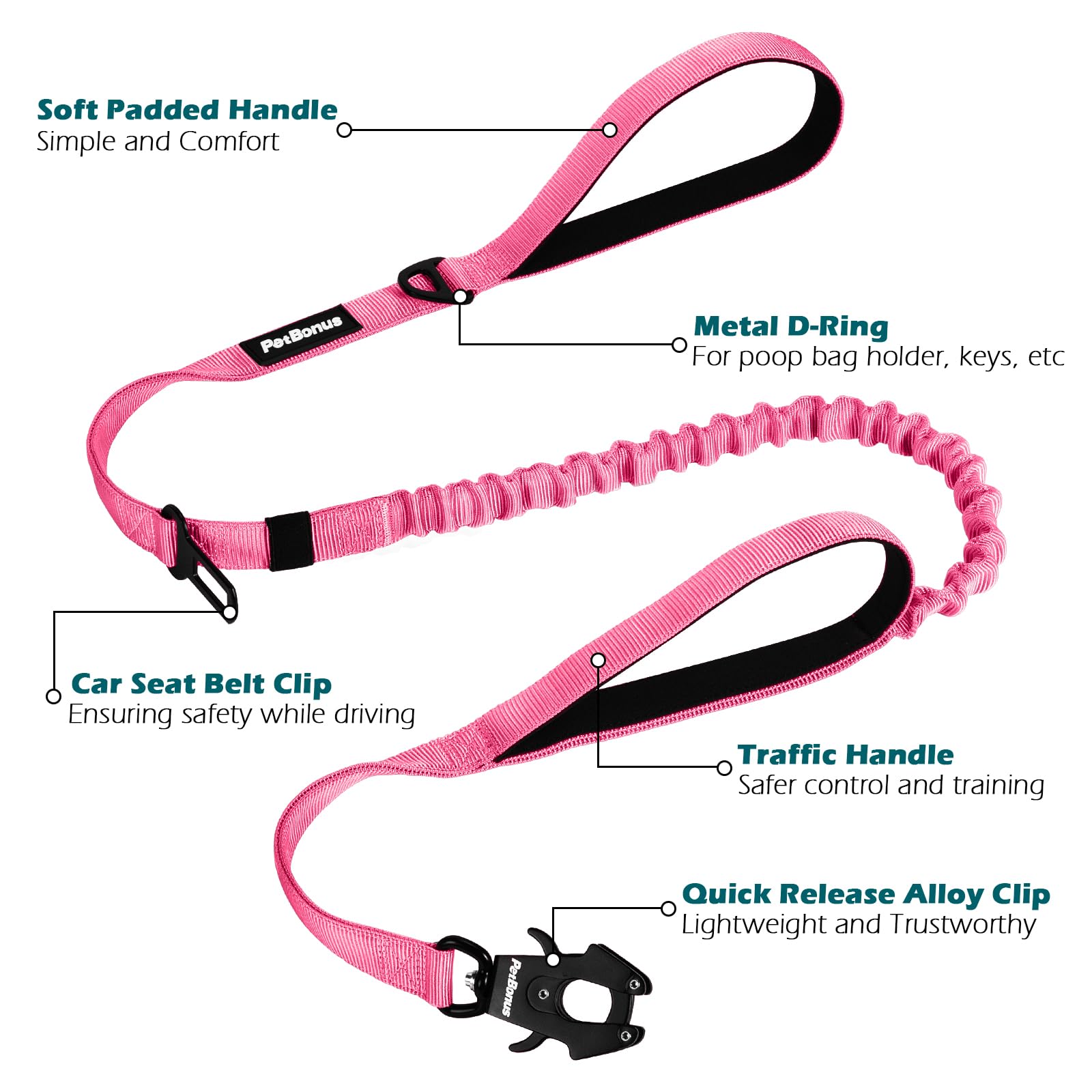 PetBonus heavy-duty tactical dog leash d-ring-attachments adds space for accessories like dispensers and bowls.