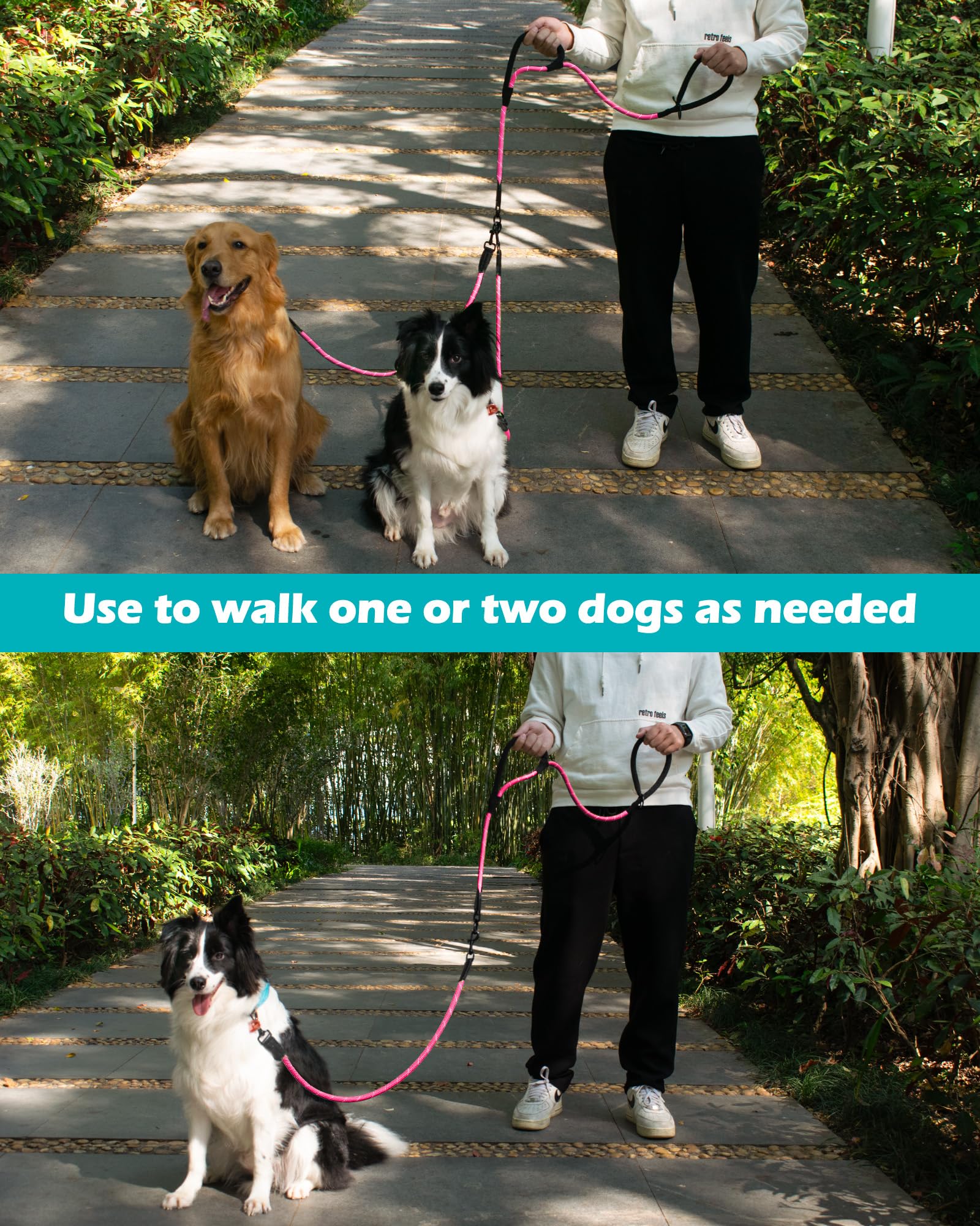 PetBonus rope double dog leash pink durable-rope withstands strong dogs.