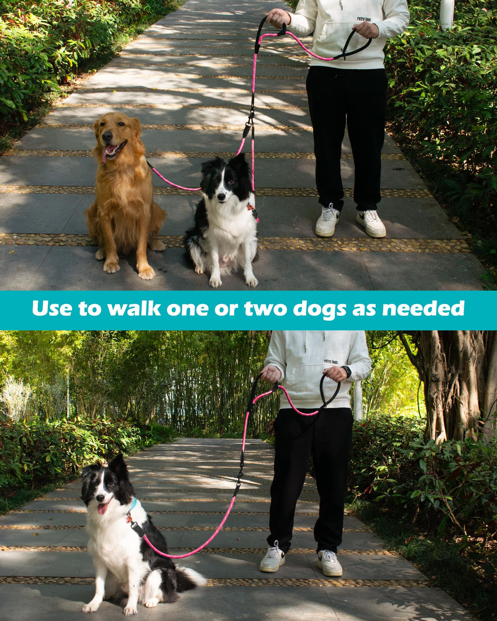PetBonus rope double dog leash pink durable-rope withstands strong dogs.