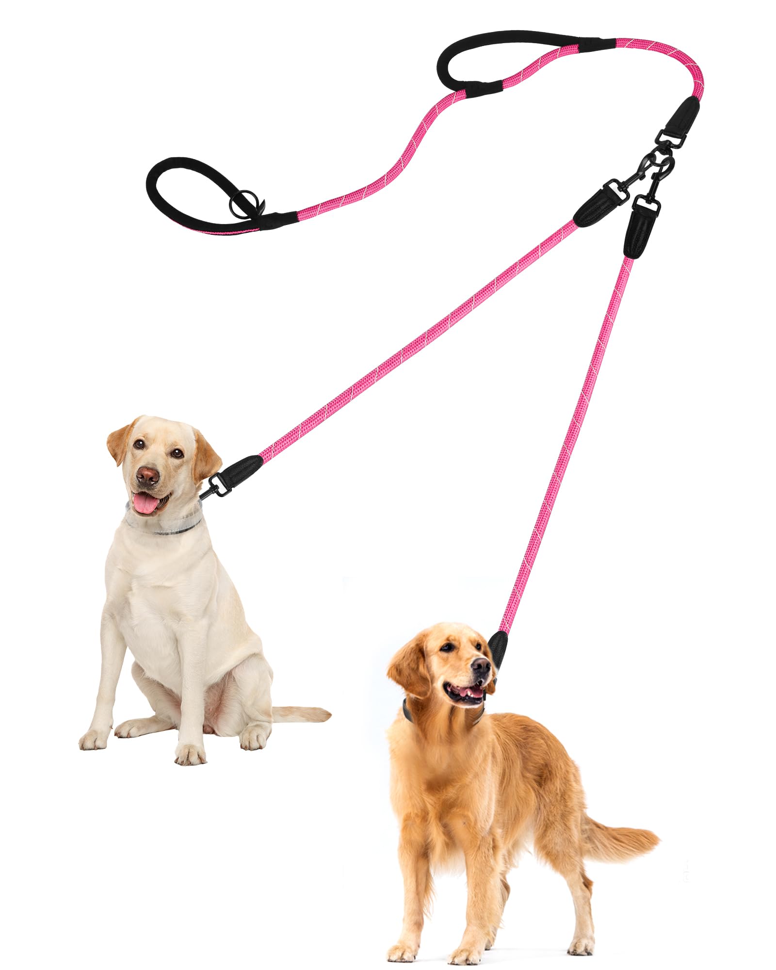 PetBonus rope double dog leash pink main shot for tangle-free two-dog walks.