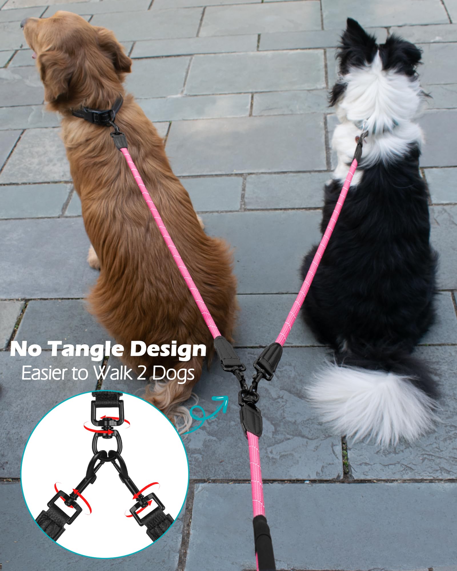 PetBonus rope double dog leash pink padded-handles emphasize comfort during walks.