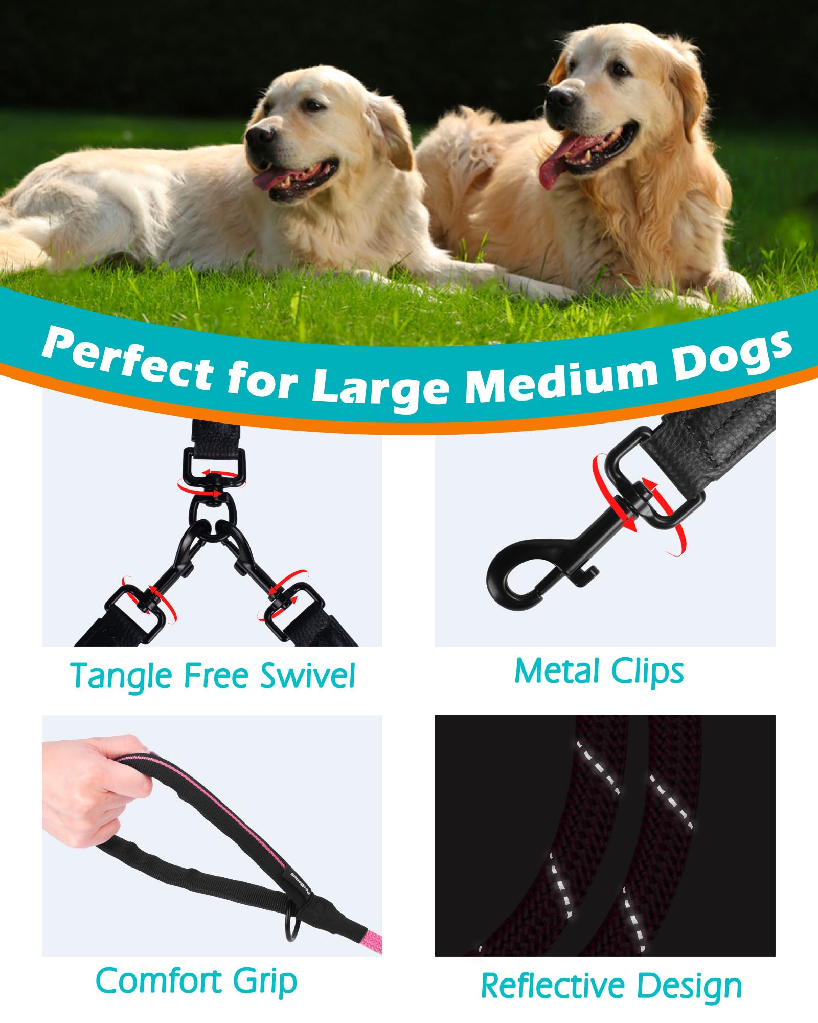 PetBonus rope double dog leash pink swivel-clip close-up boosts control.