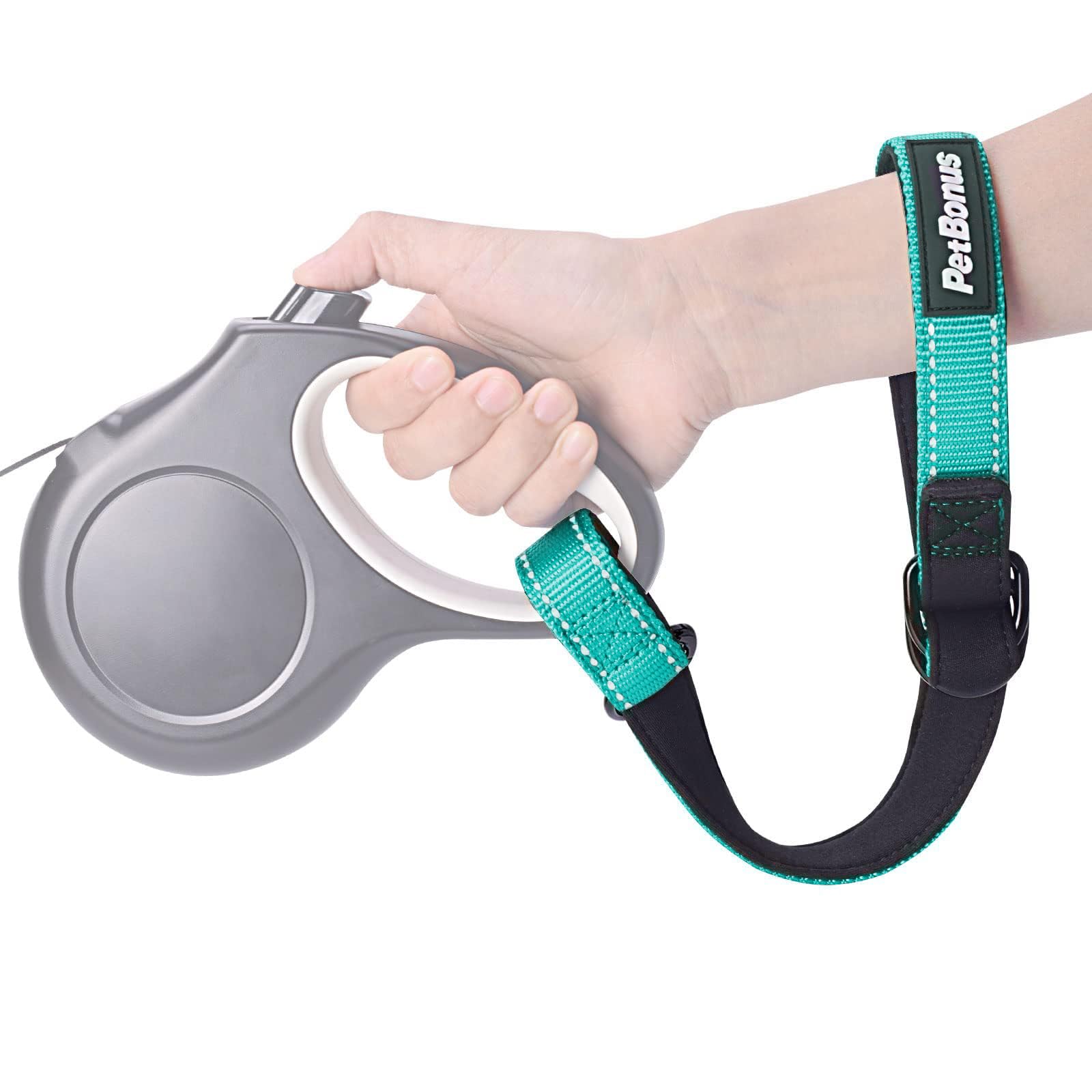 PetBonus wrist strap turquoise close-up highlighting comfortable padding for secure handling