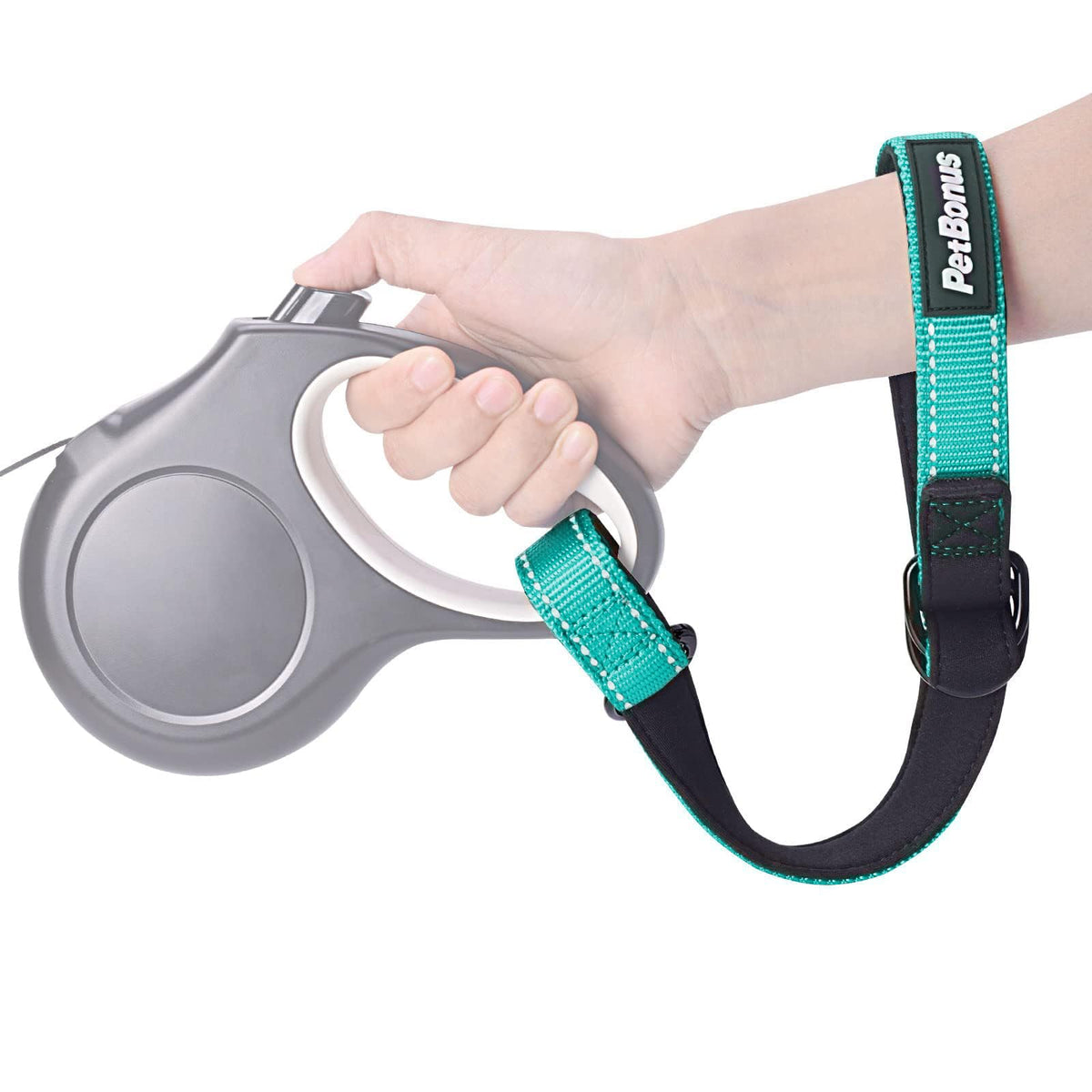 PetBonus wrist strap turquoise close-up highlighting comfortable padding for secure handling