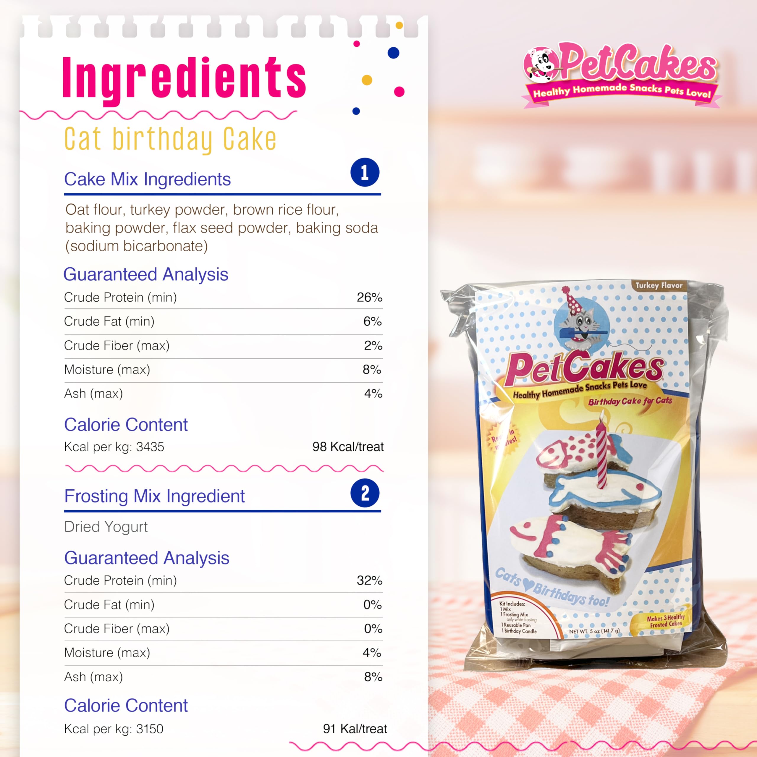 PetCakes cat birthday cake kit being measured with water for quick preparation.