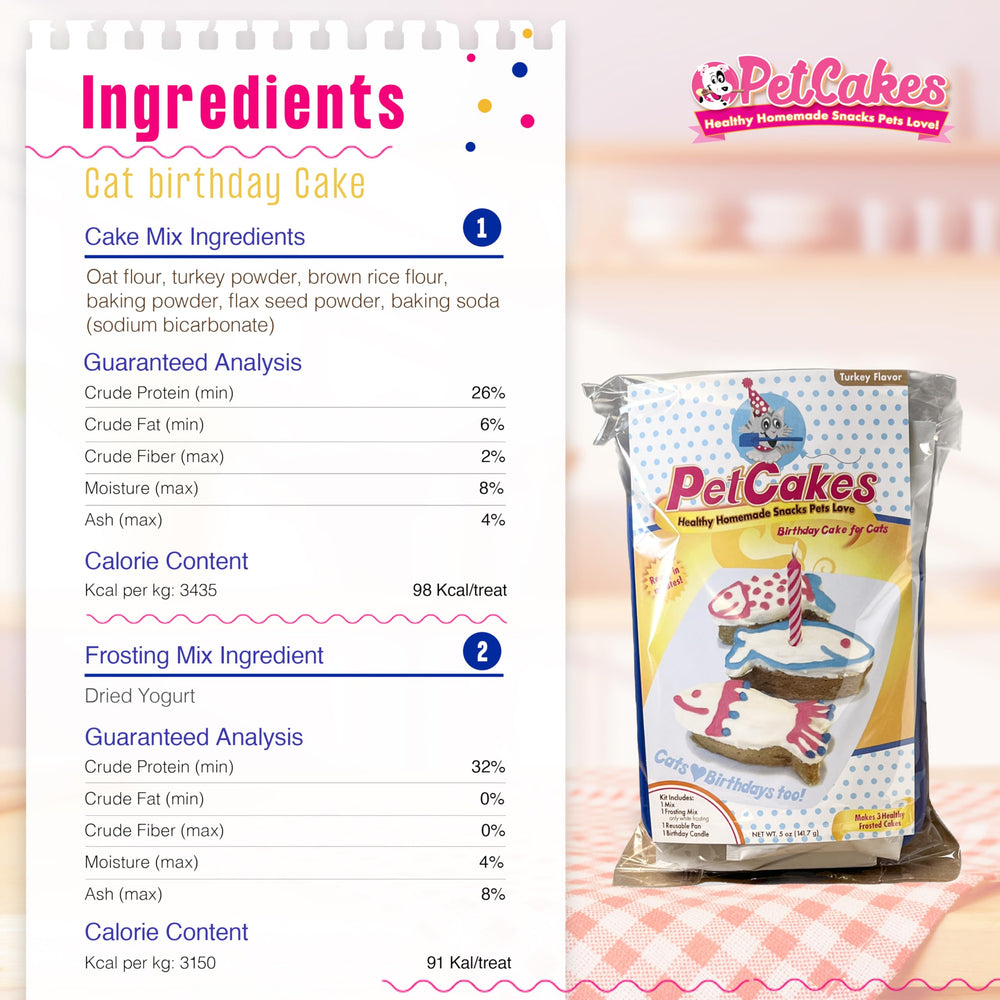 PetCakes cat birthday cake kit being measured with water for quick preparation.