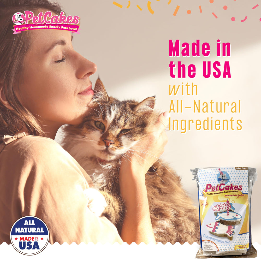 PetCakes cat birthday cake kit includes USA-made pans that are microwave-safe.