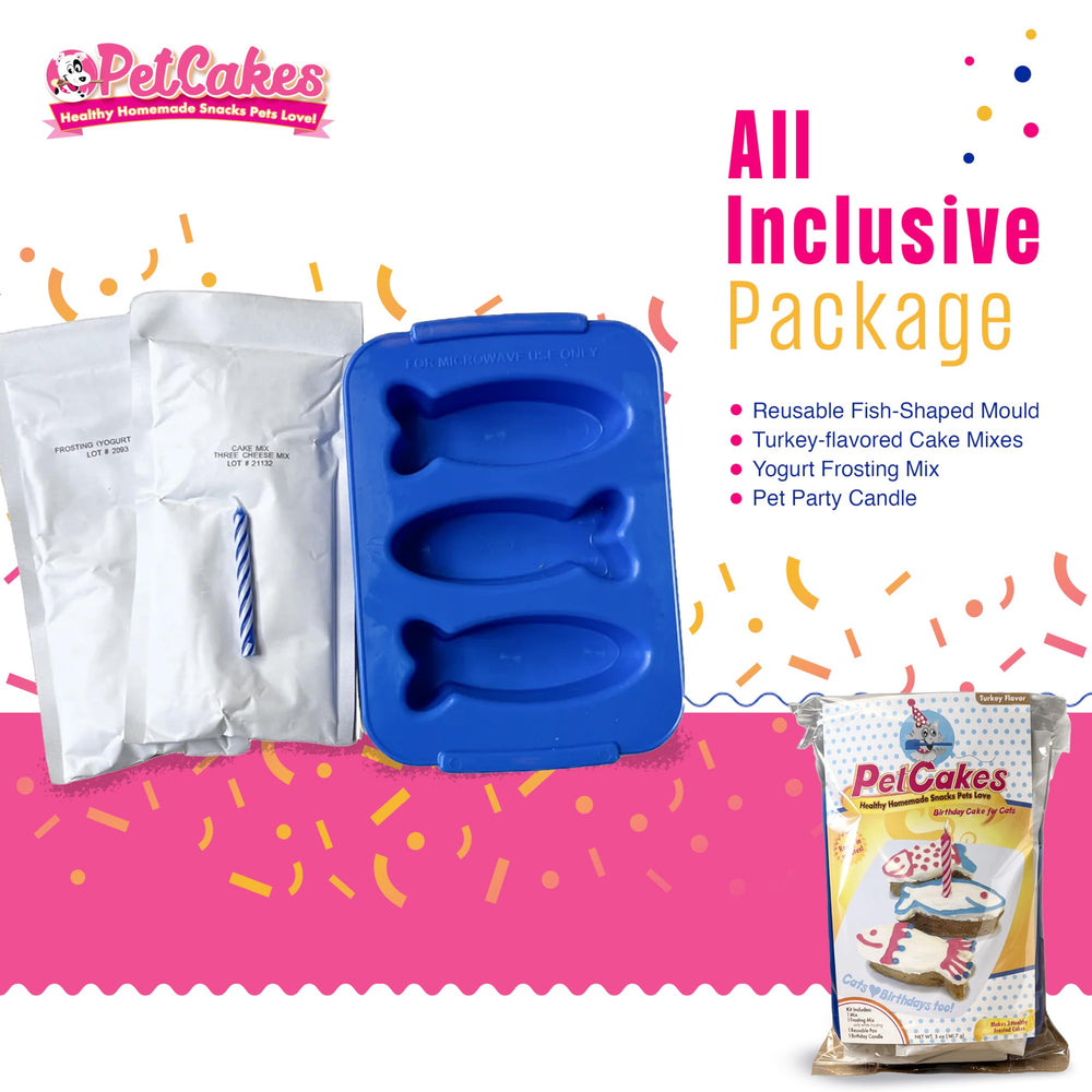 PetCakes cat birthday cake kit prepped for microwave-friendly cooking in minutes.