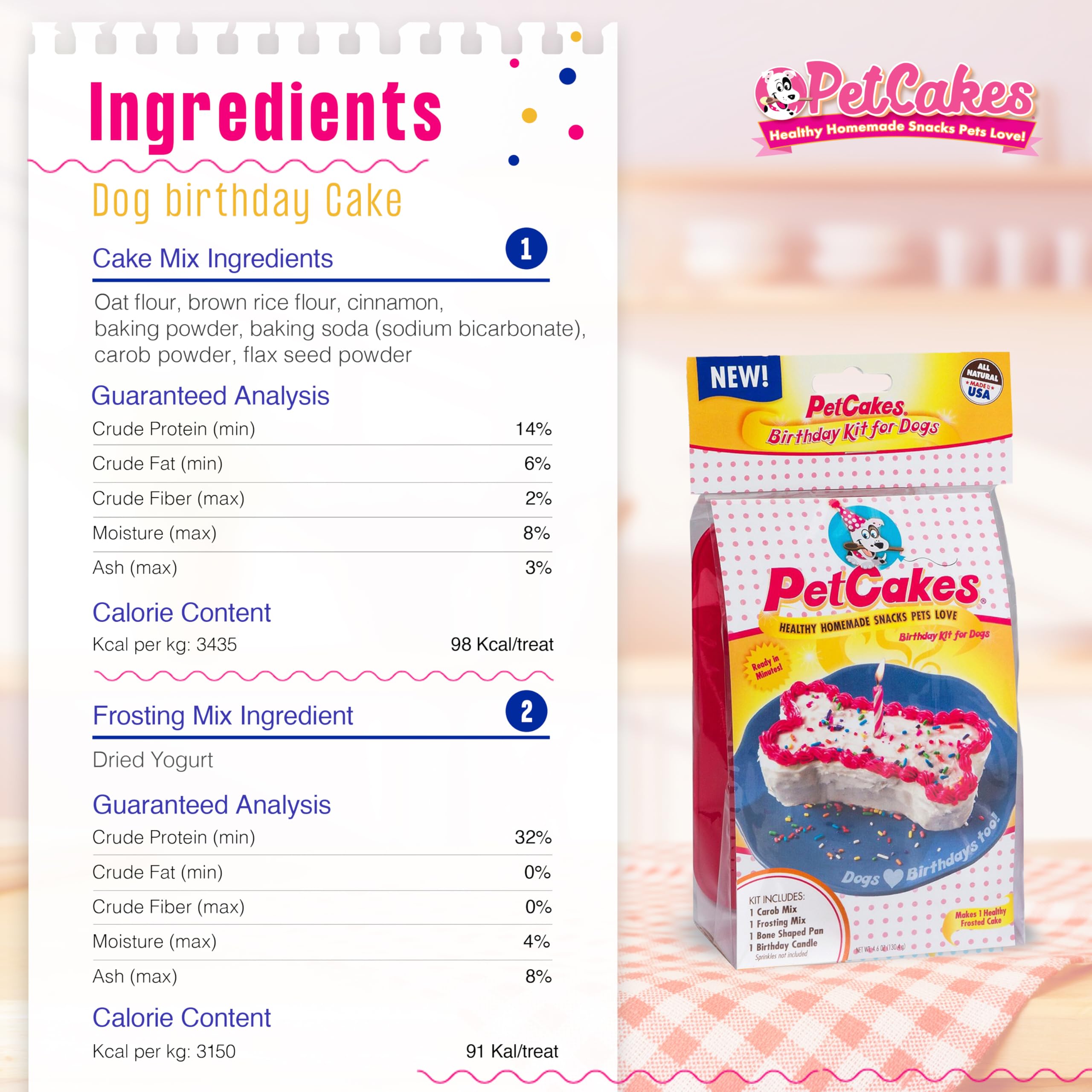 PetCakes yogurt frosting mix showcases creamy topping for dog cakes