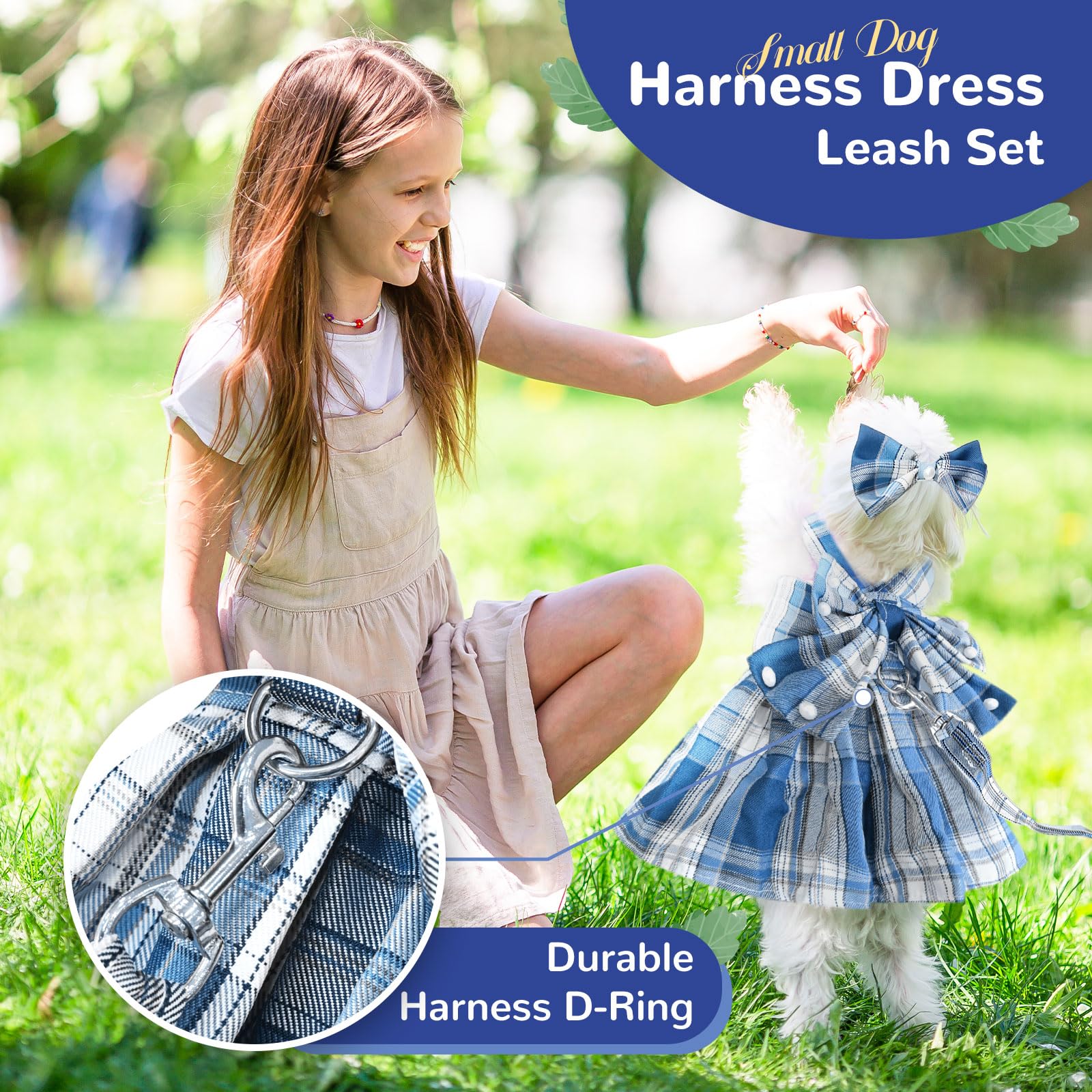 Petcare blue plaid dress close-up showing pearl embellishments and hair bow accessory.