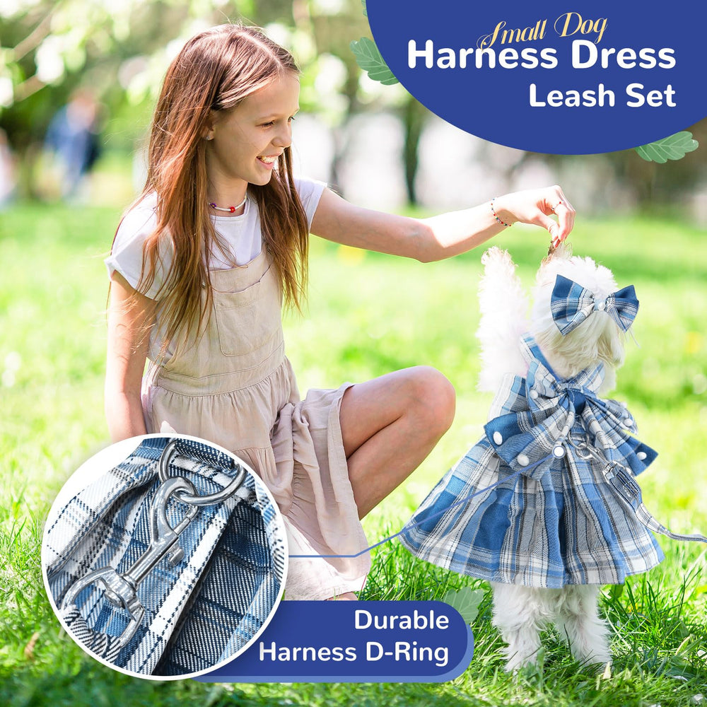 Petcare blue plaid dress close-up showing pearl embellishments and hair bow accessory.