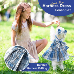 Petcare blue plaid dress close-up showing pearl embellishments and hair bow accessory.