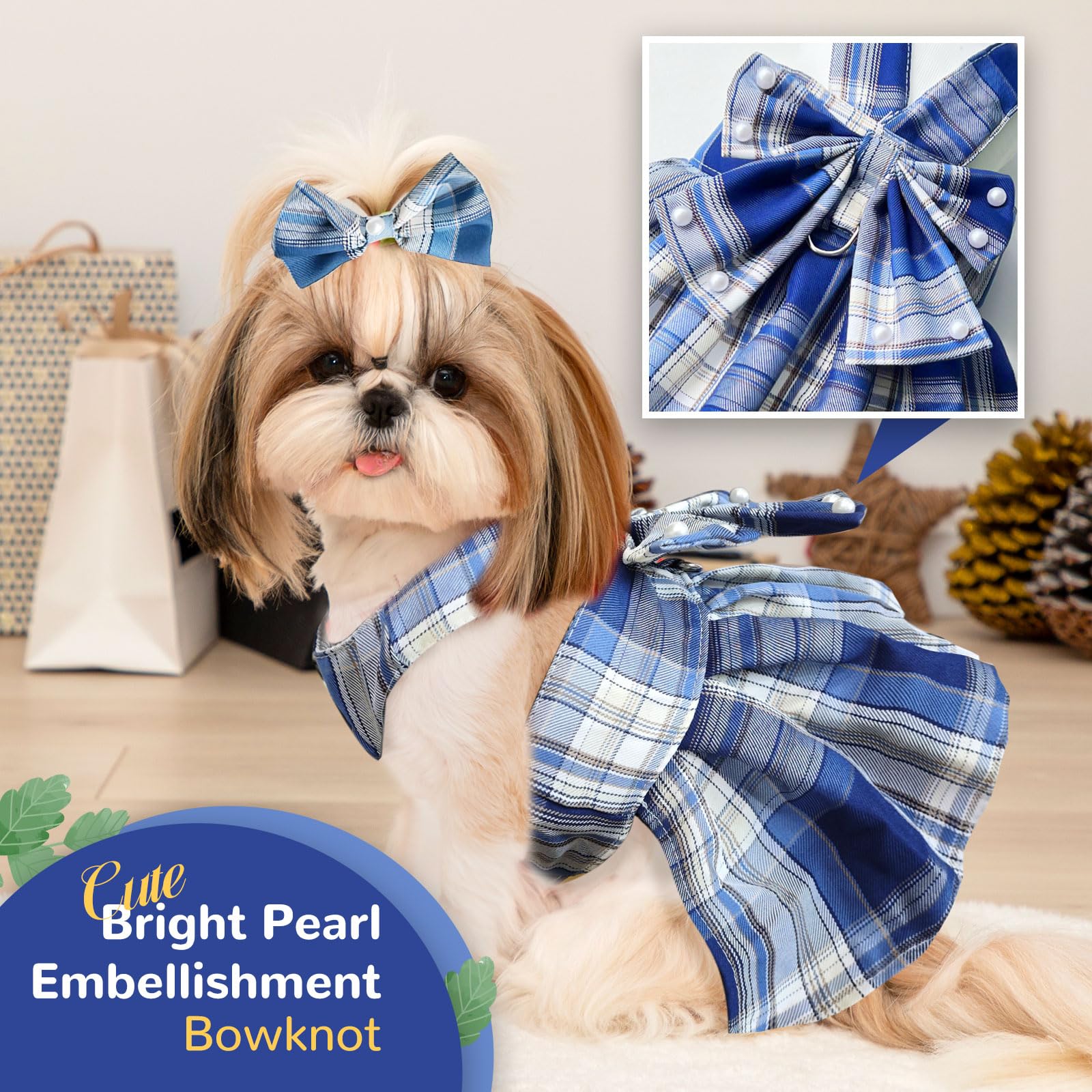 Petcare blue plaid dog dress with bow and pearl detailing for charming photos.