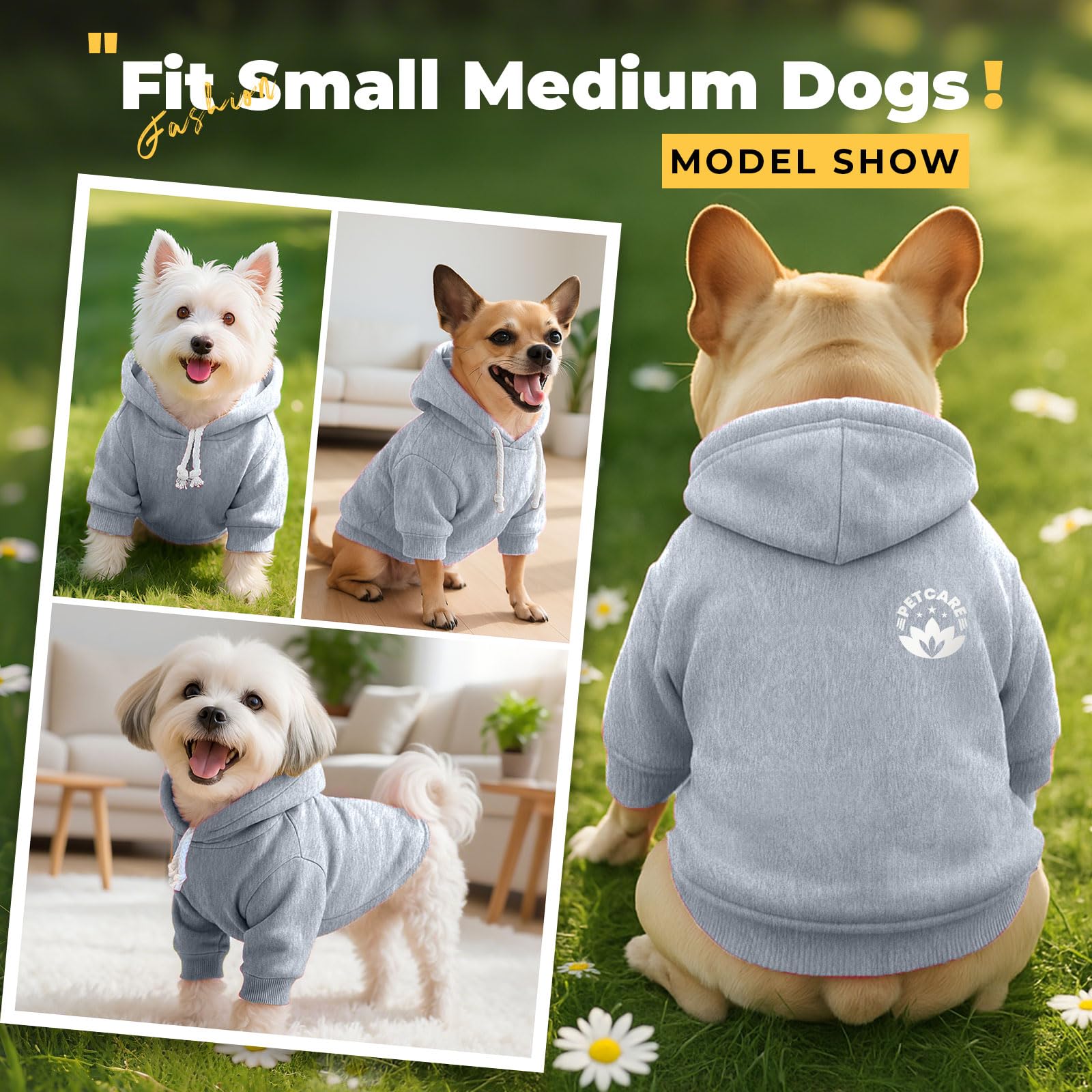 PETCARE dog hoodie worn outdoors at dusk shows practical everyday warmth.