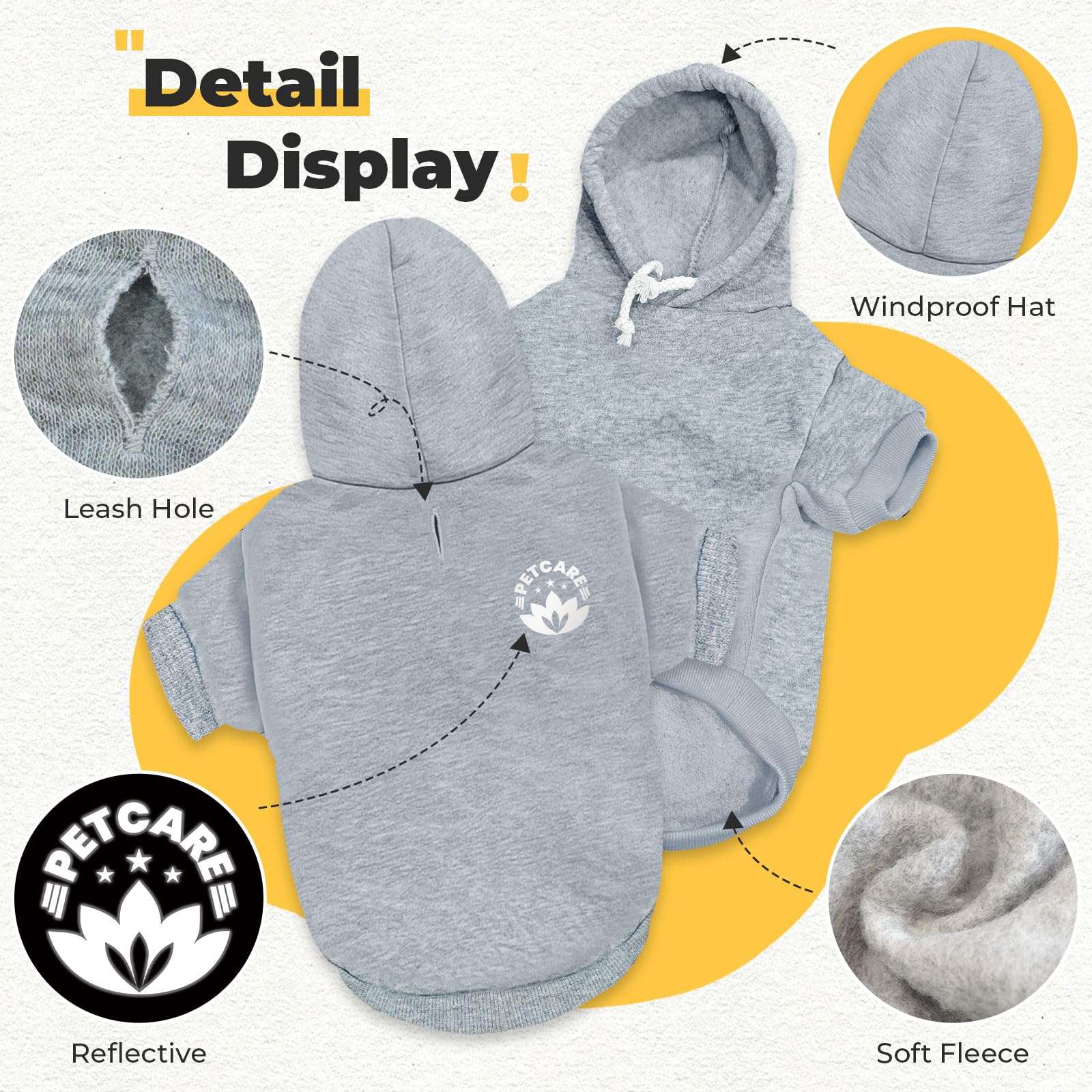 PETCARE dog hoodie warm fleece closeup emphasizes plush interior comfort.