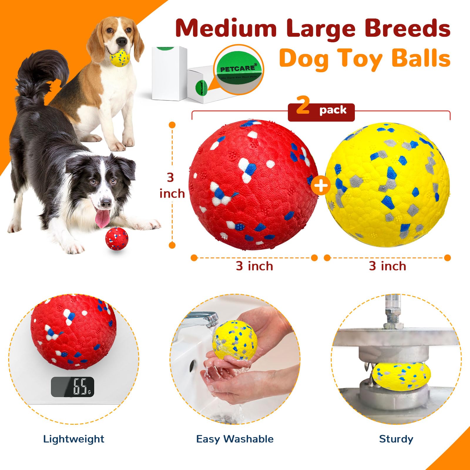 Petcare durable chew-tested dog ball stands up to strong bites.