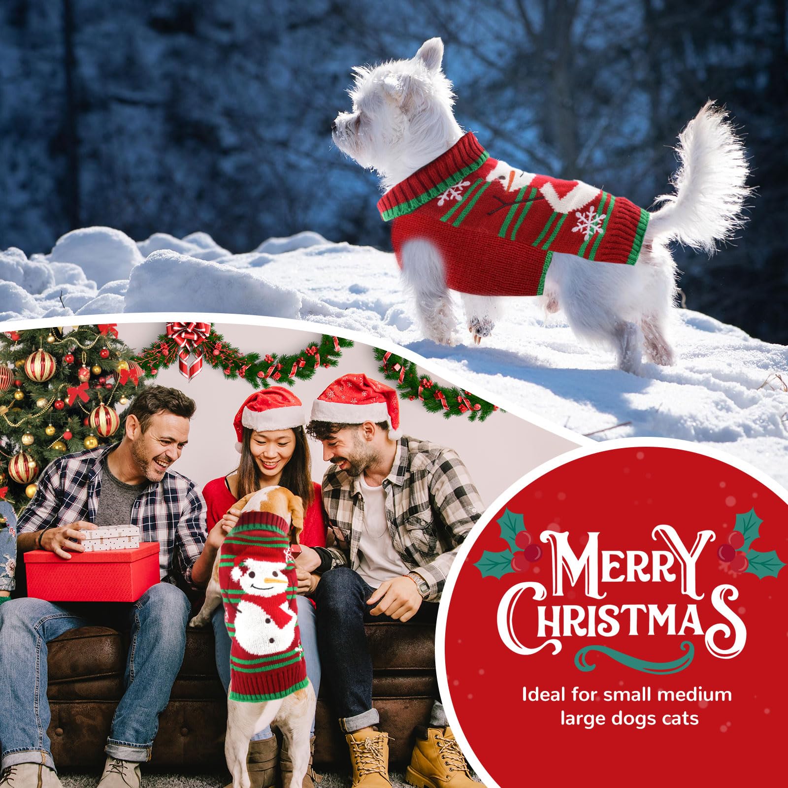 Petcare Red Snowman Dog Sweater pattern close-up adds festive charm for holiday photos.