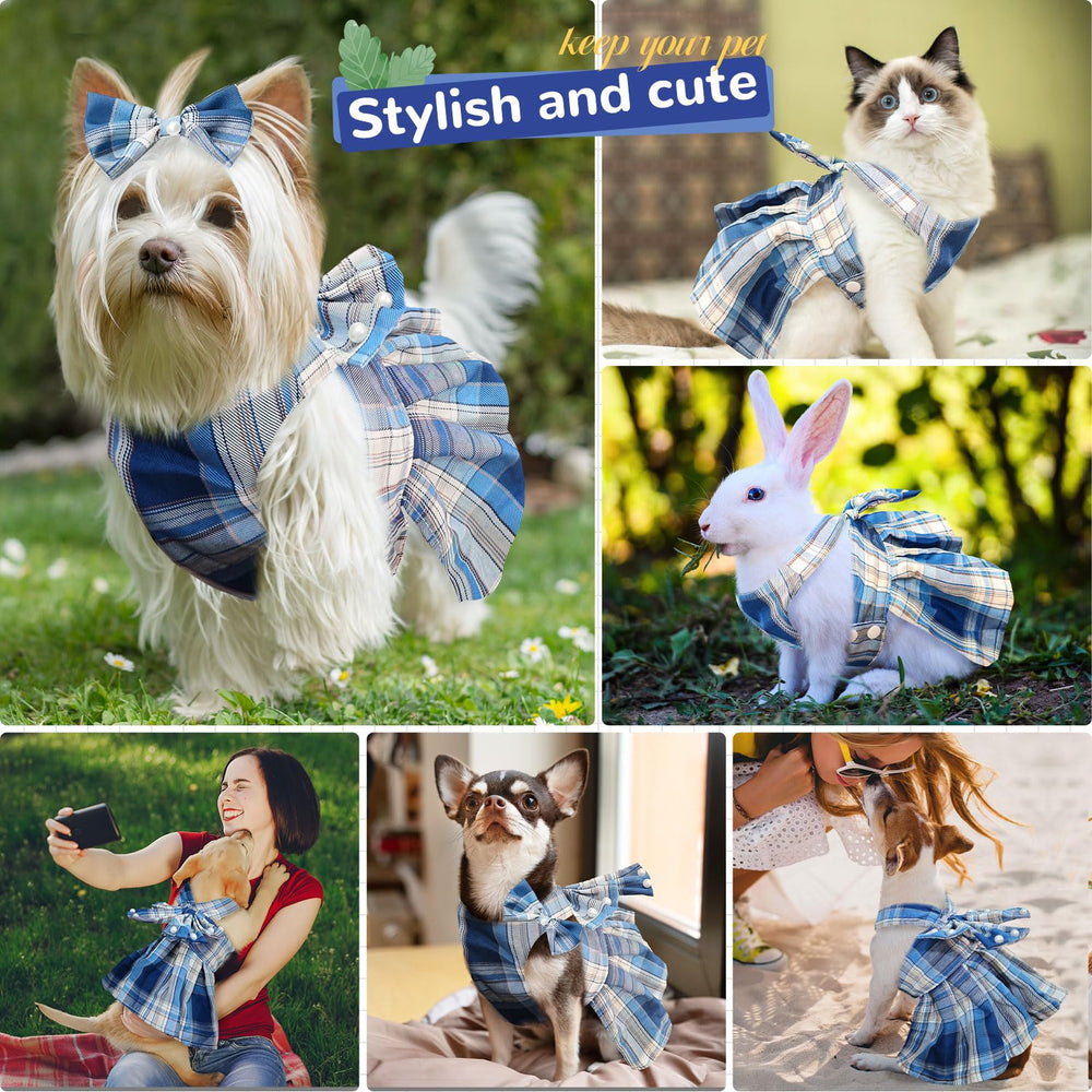 Petcare small dog dress and harness with plaid fabric for coordinated outings.