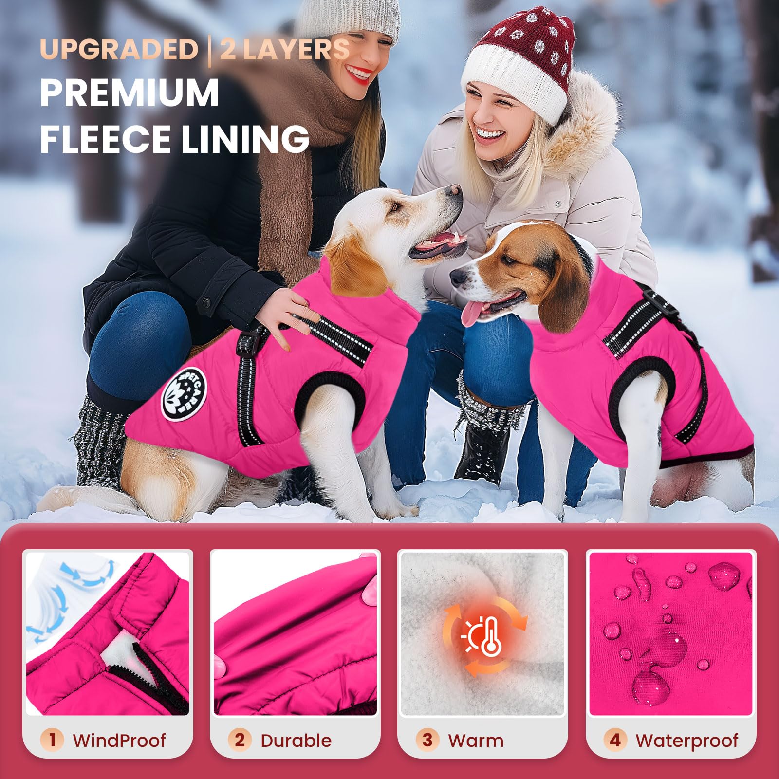 Petcare waterproof windproof dog jacket back zipper for easy dressing and warmth.