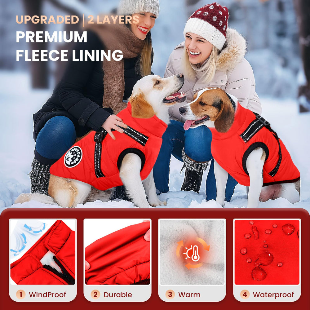 Petcare winter dog coat back with harness built-in for easy harness integration