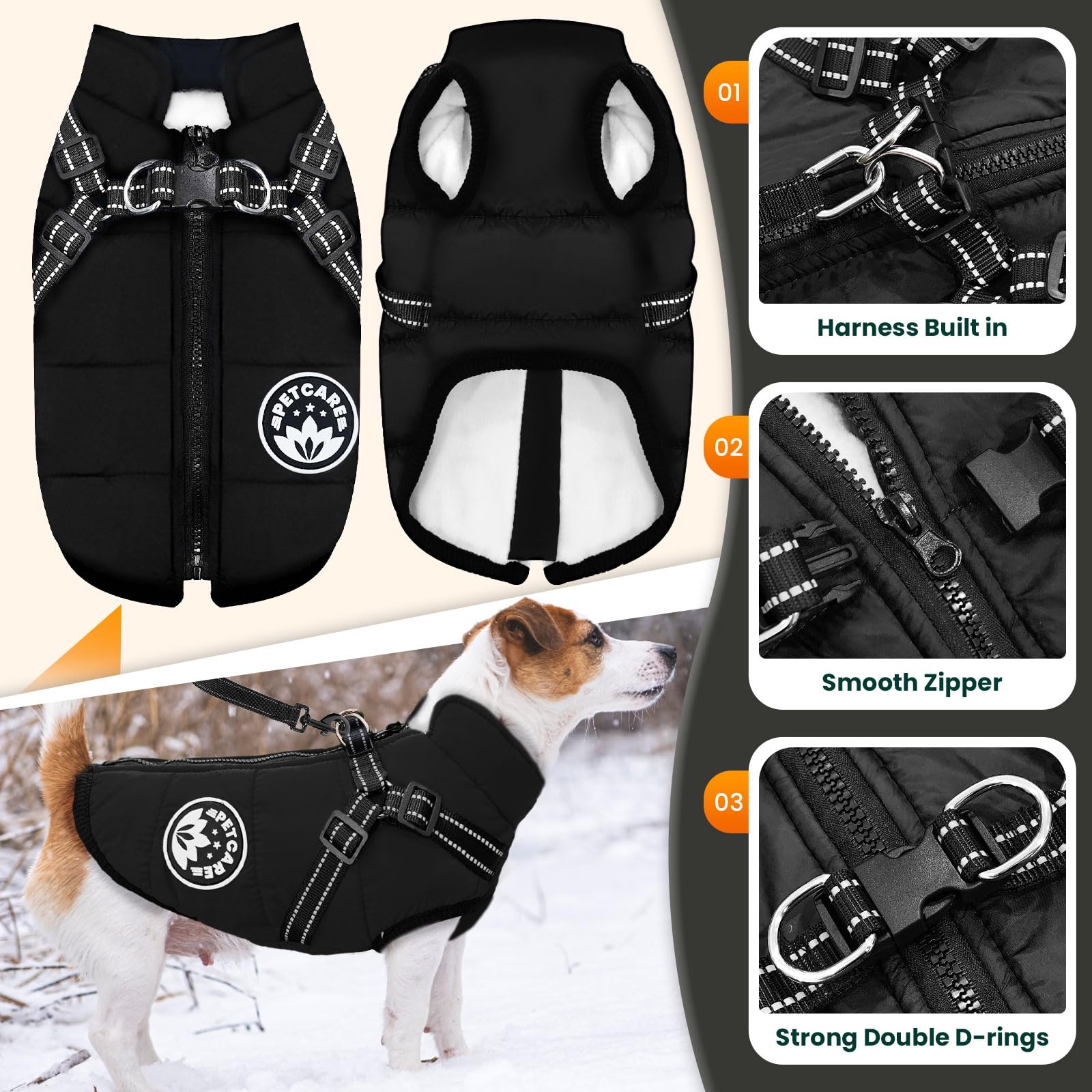 Petcare Winter Dog Coat inner fleece lining feels soft and warm