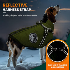 Petcare winter dog coat reflective harness ensures visibility during low-light evening walks.