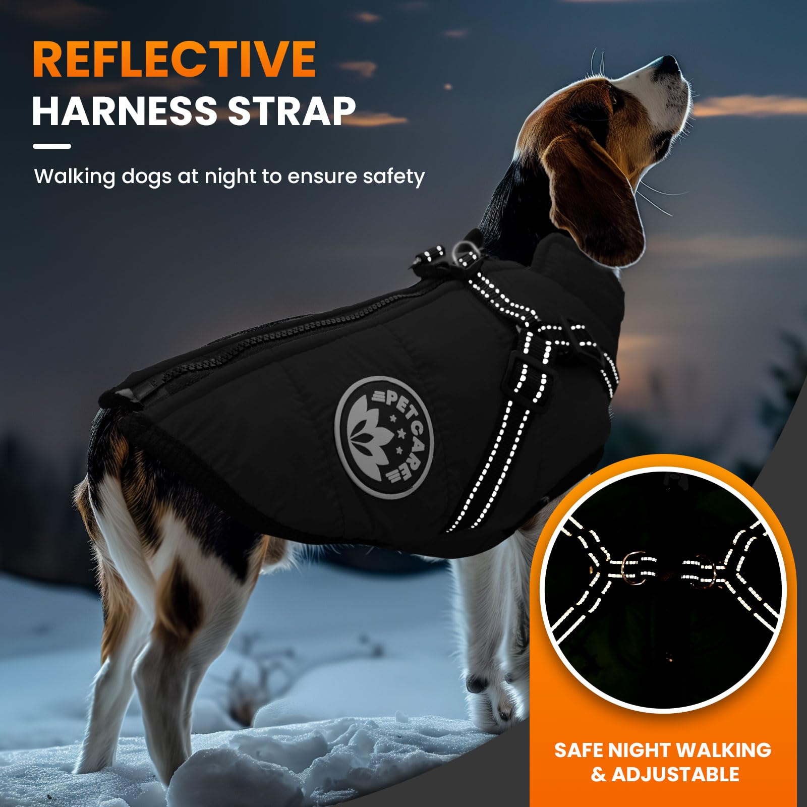 Petcare Winter Dog Coat with reflective strip enhances visibility at night