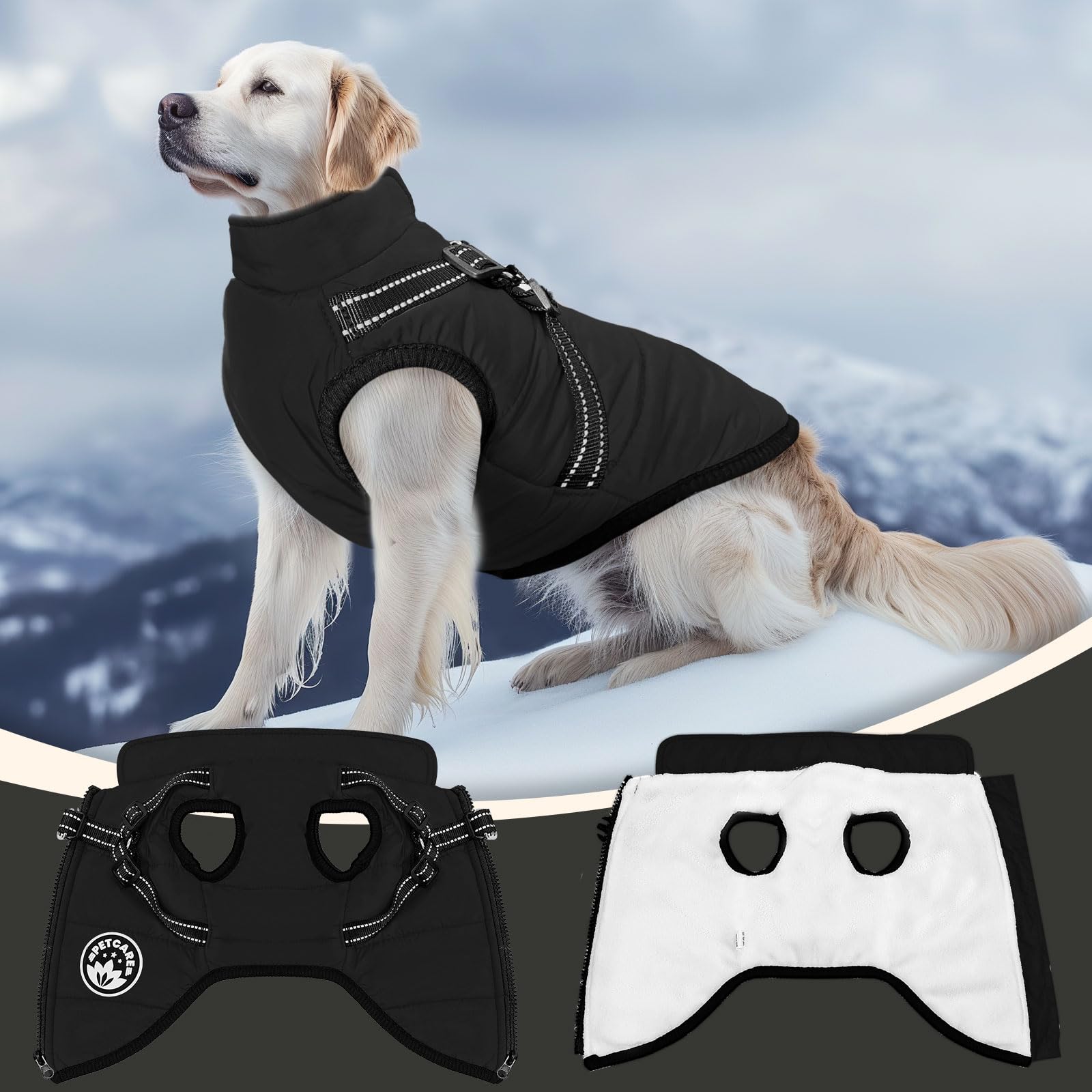 Petcare Winter Dog Coat zipper closure enables quick, secure dressing