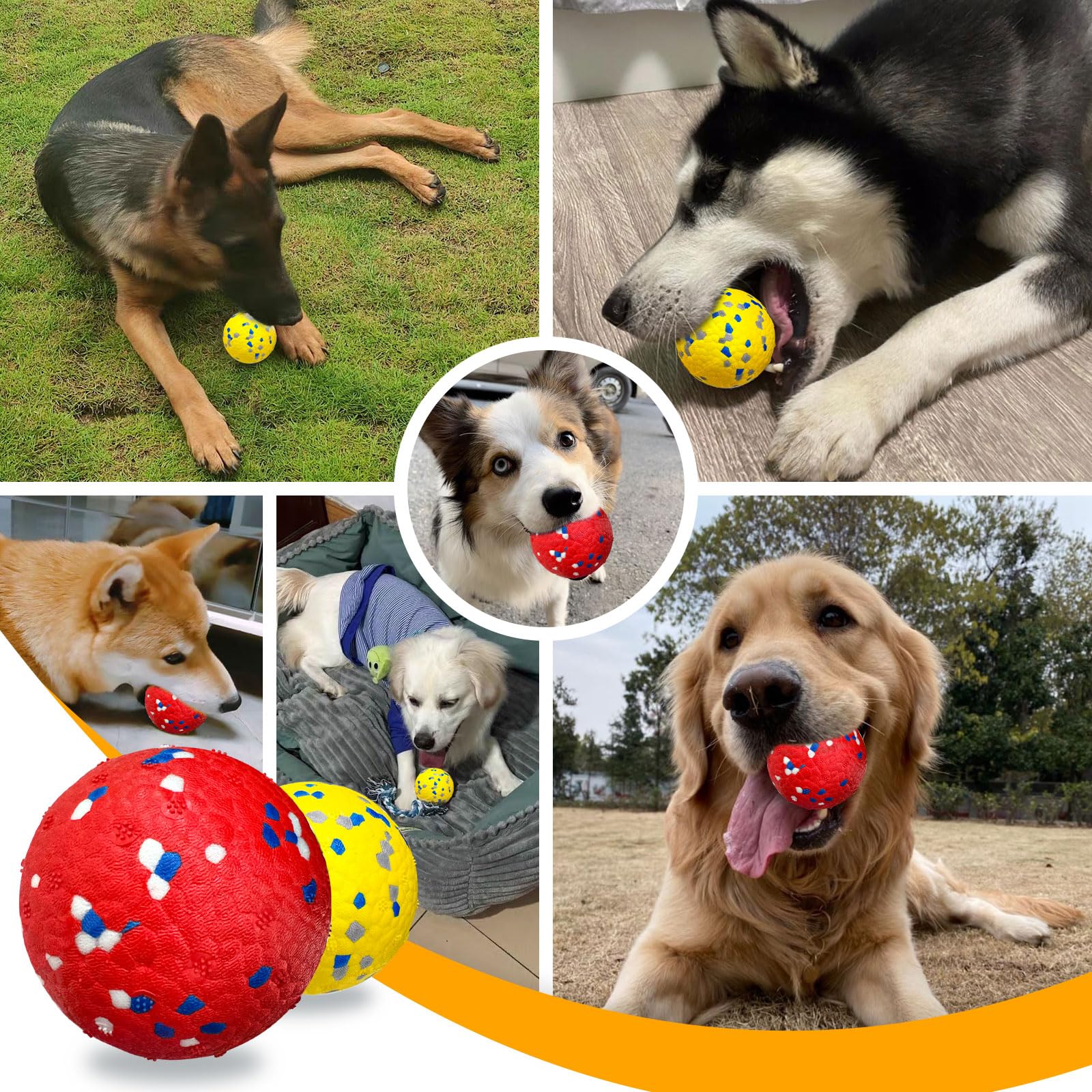 Petcare yellow-red pair dog balls improve visibility during fetch and training.