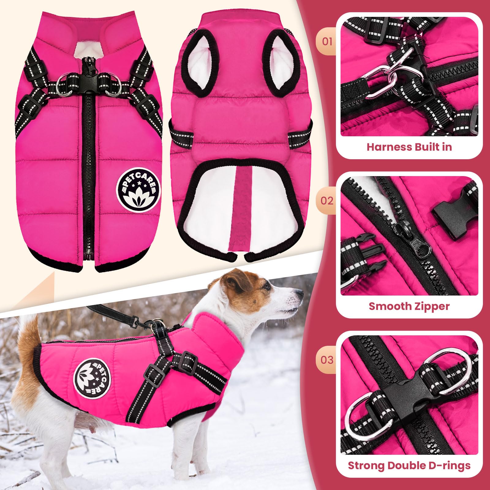 Petcare zipper dog jacket with back zipper for snug warmth and simple dressing.