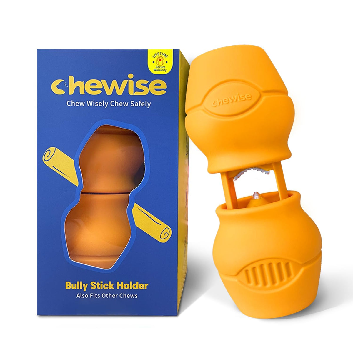 PetClan Chewise holder assembly close-up showing secure bite design for safer bully stick prep