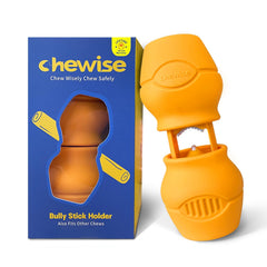 PetClan Chewise holder assembly close-up showing secure bite design for safer bully stick prep